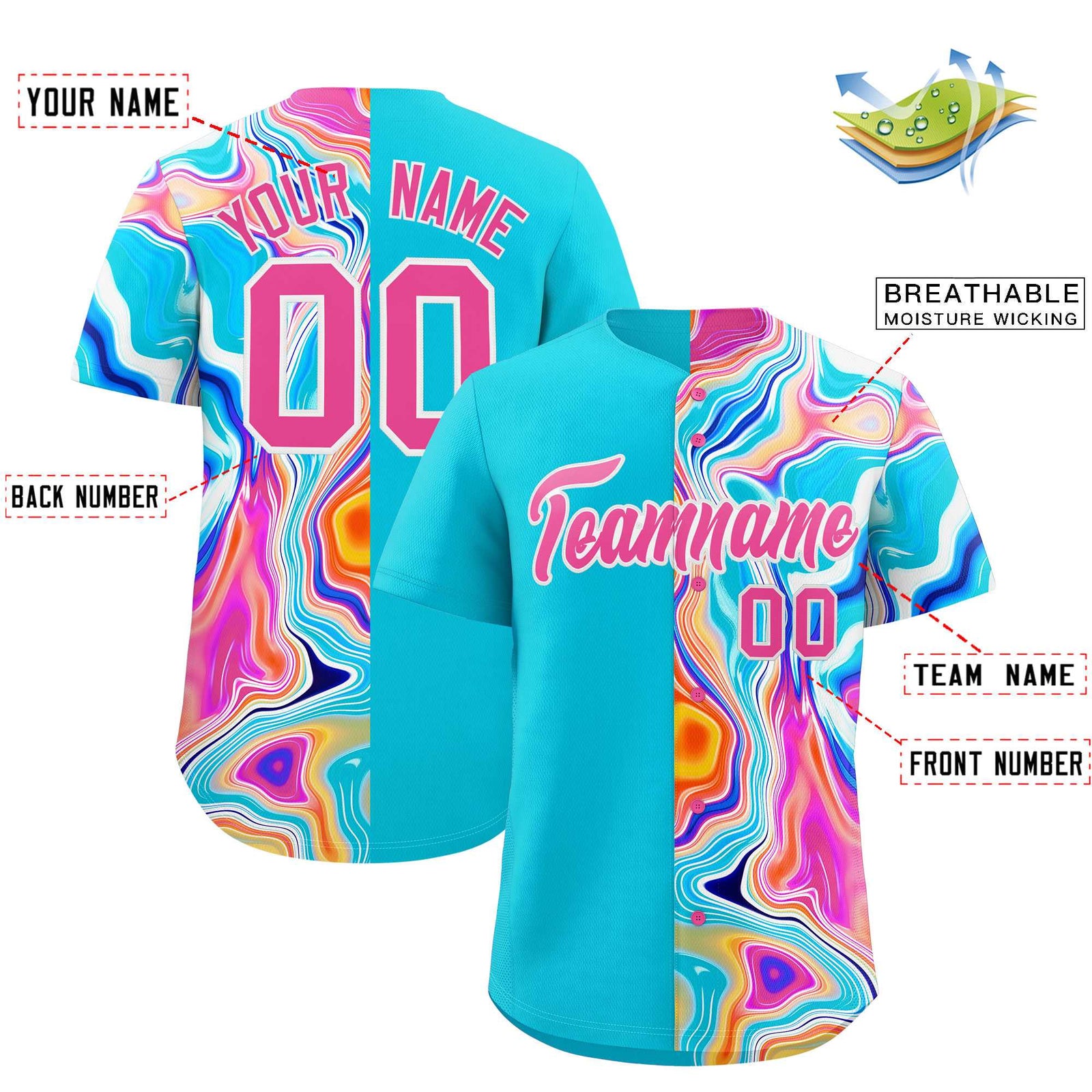 Custom Sky Blue Split Fashion Fluid Pattern Authentic Baseball Jersey