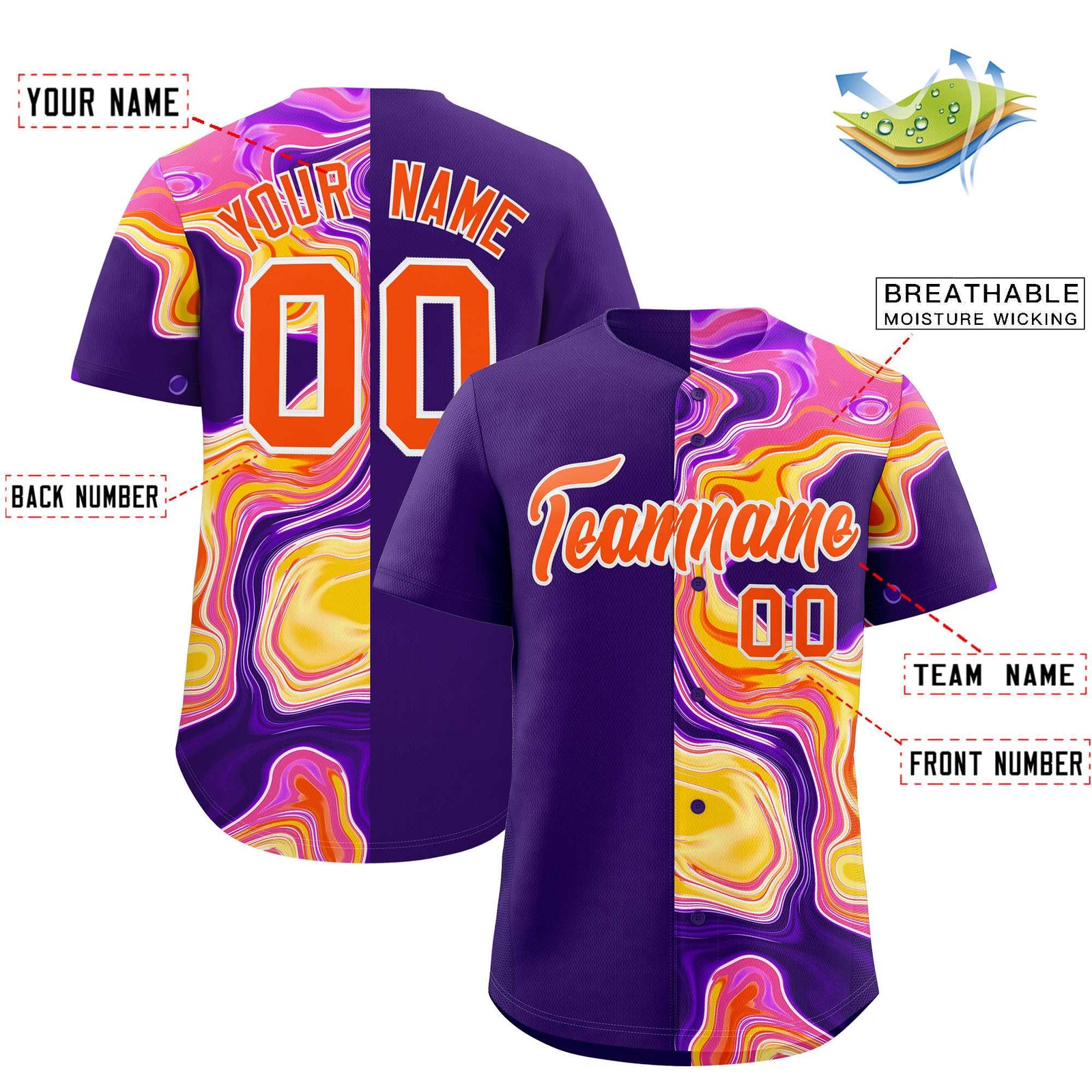 Custom Purple Split Fashion Fluid Pattern Authentic Baseball Jersey