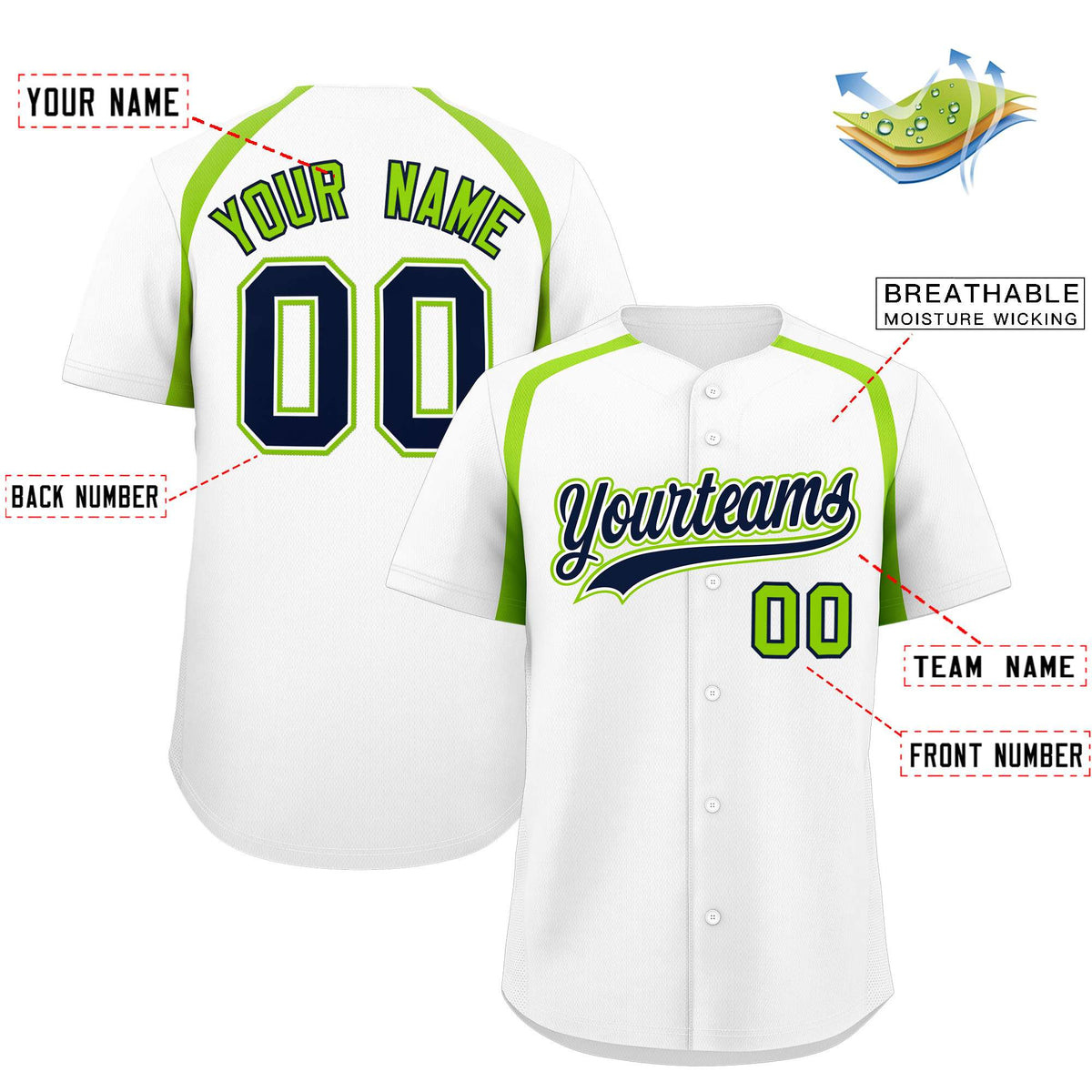 Custom White Neon Green Personalized Color Block Authentic Baseball Jersey