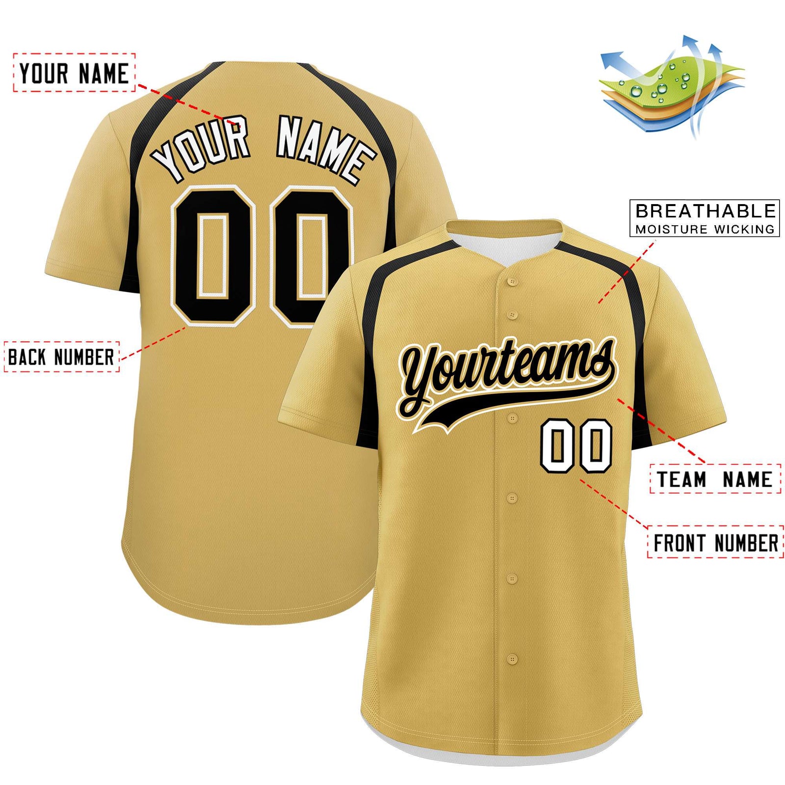 Custom Old Gold Black Personalized Color Block Authentic Baseball Jersey