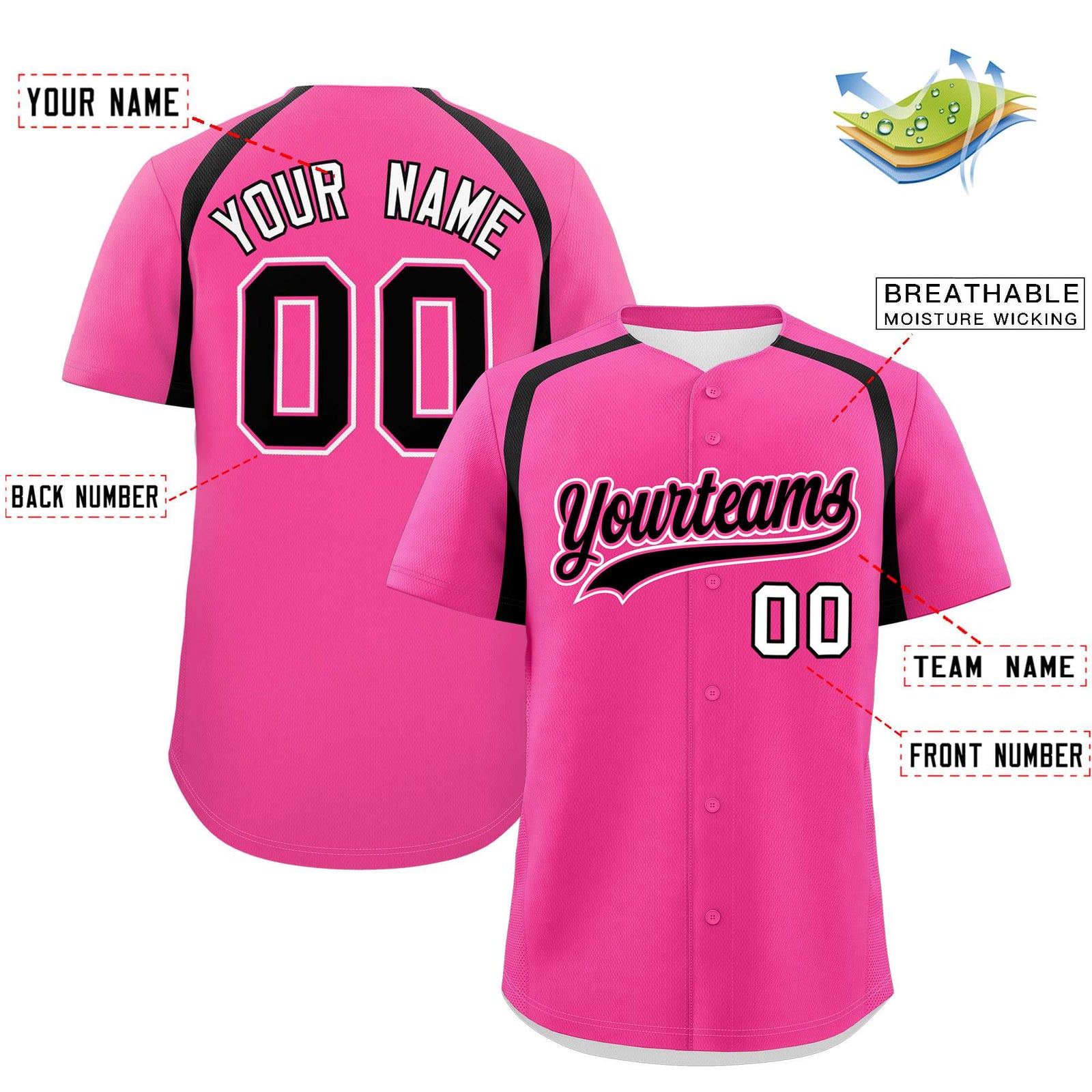 Custom Pink Black Personalized Color Block Authentic Baseball Jersey