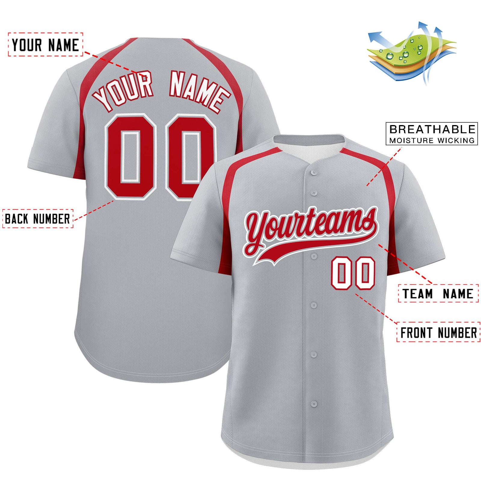 Custom Silver Red Personalized Color Block Authentic Baseball Jersey