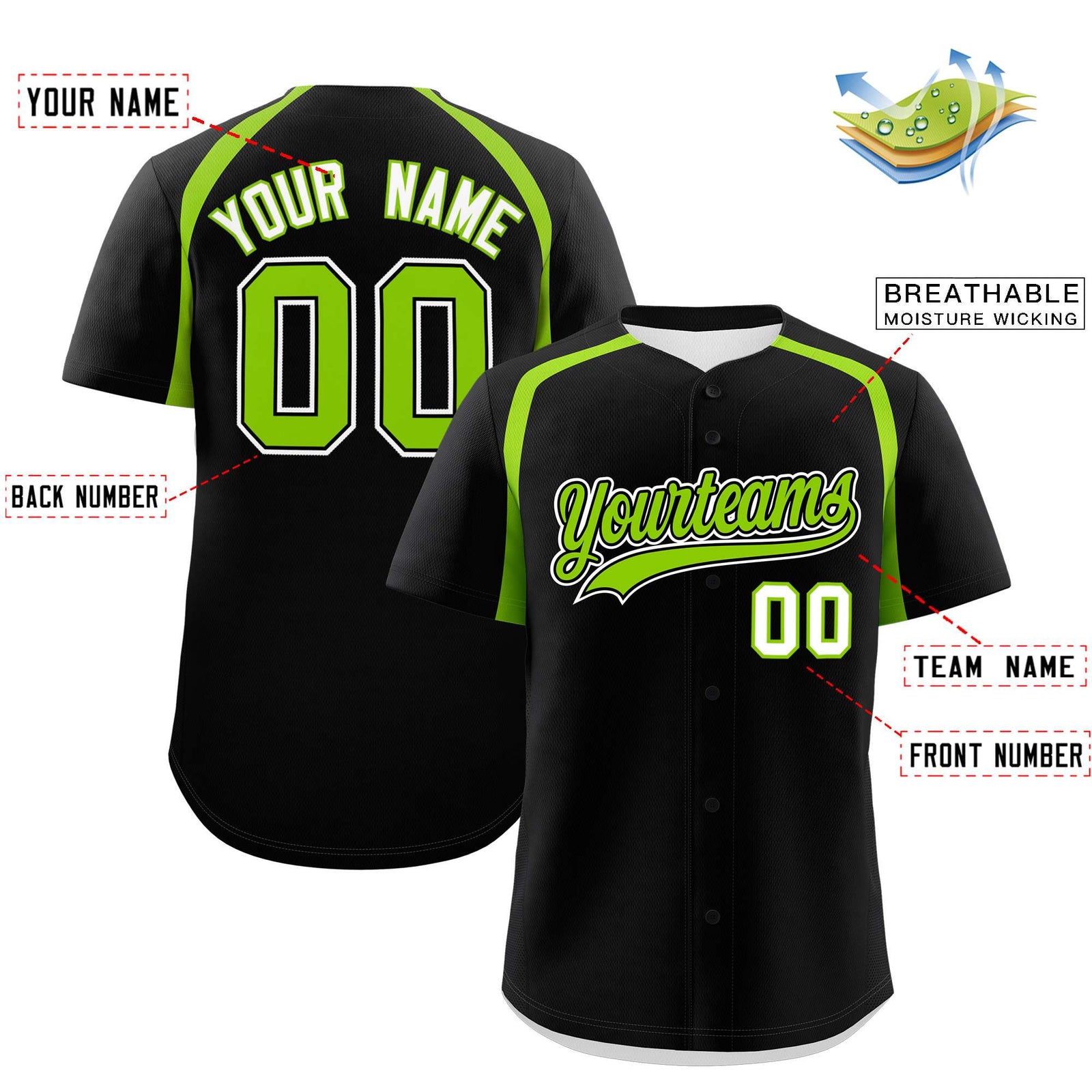 Custom Black Neon Green Personalized Color Block Authentic Baseball Jersey
