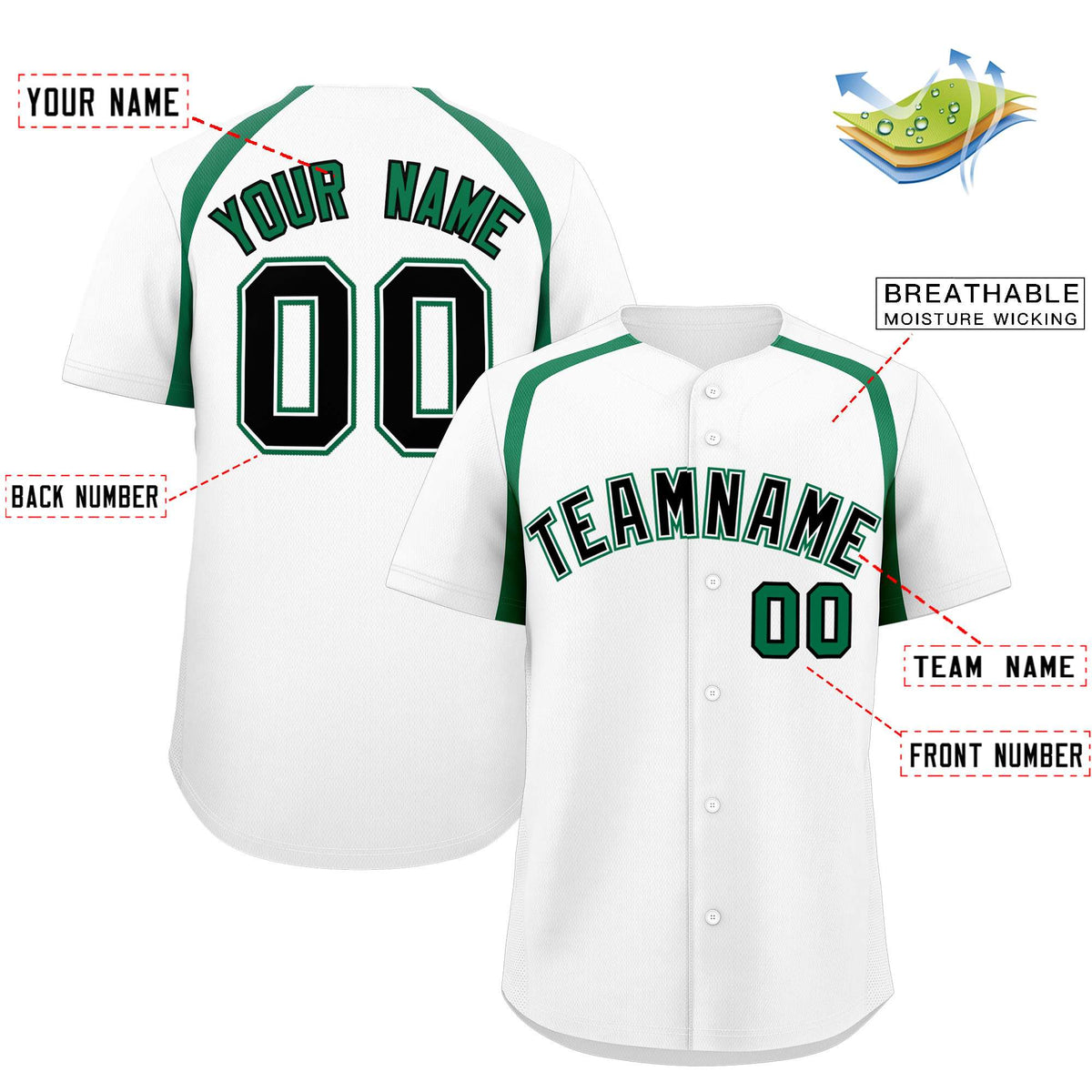 Custom White Kelly Green Personalized Color Block Authentic Baseball Jersey