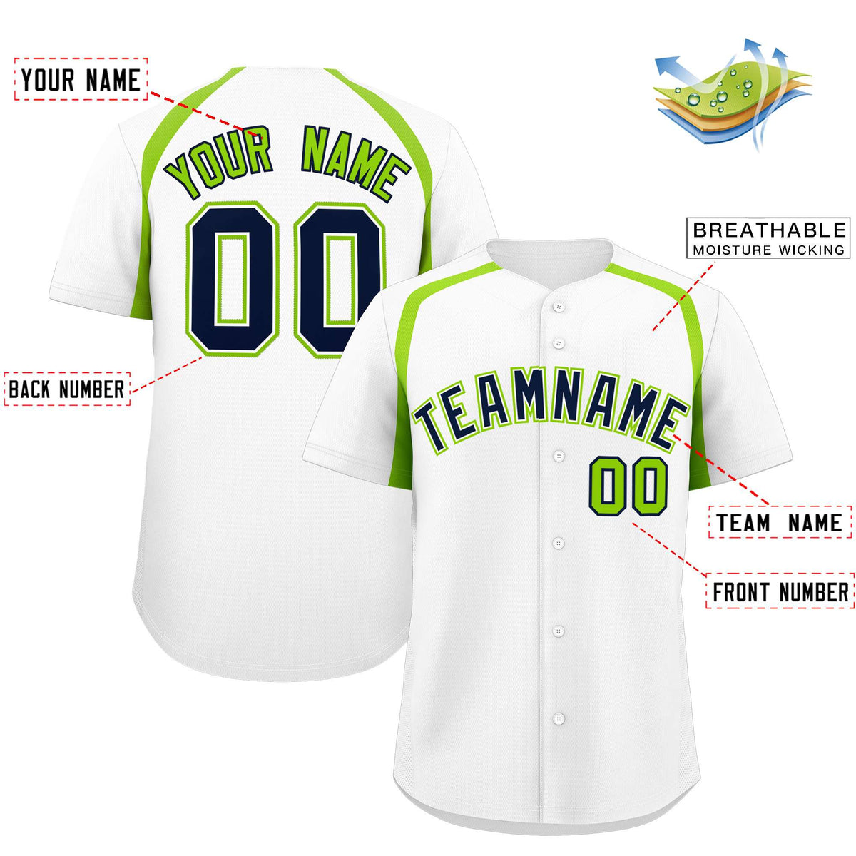 Custom White Neon Green Personalized Color Block Authentic Baseball Jersey