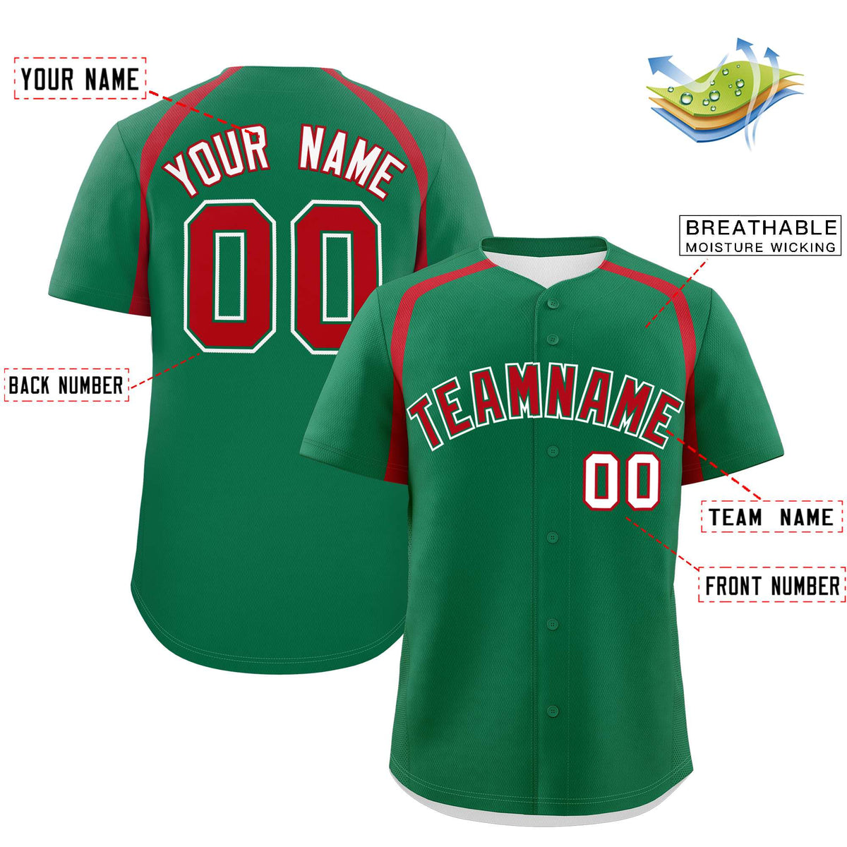 Custom Kelly Green Red Personalized Color Block Authentic Baseball Jersey