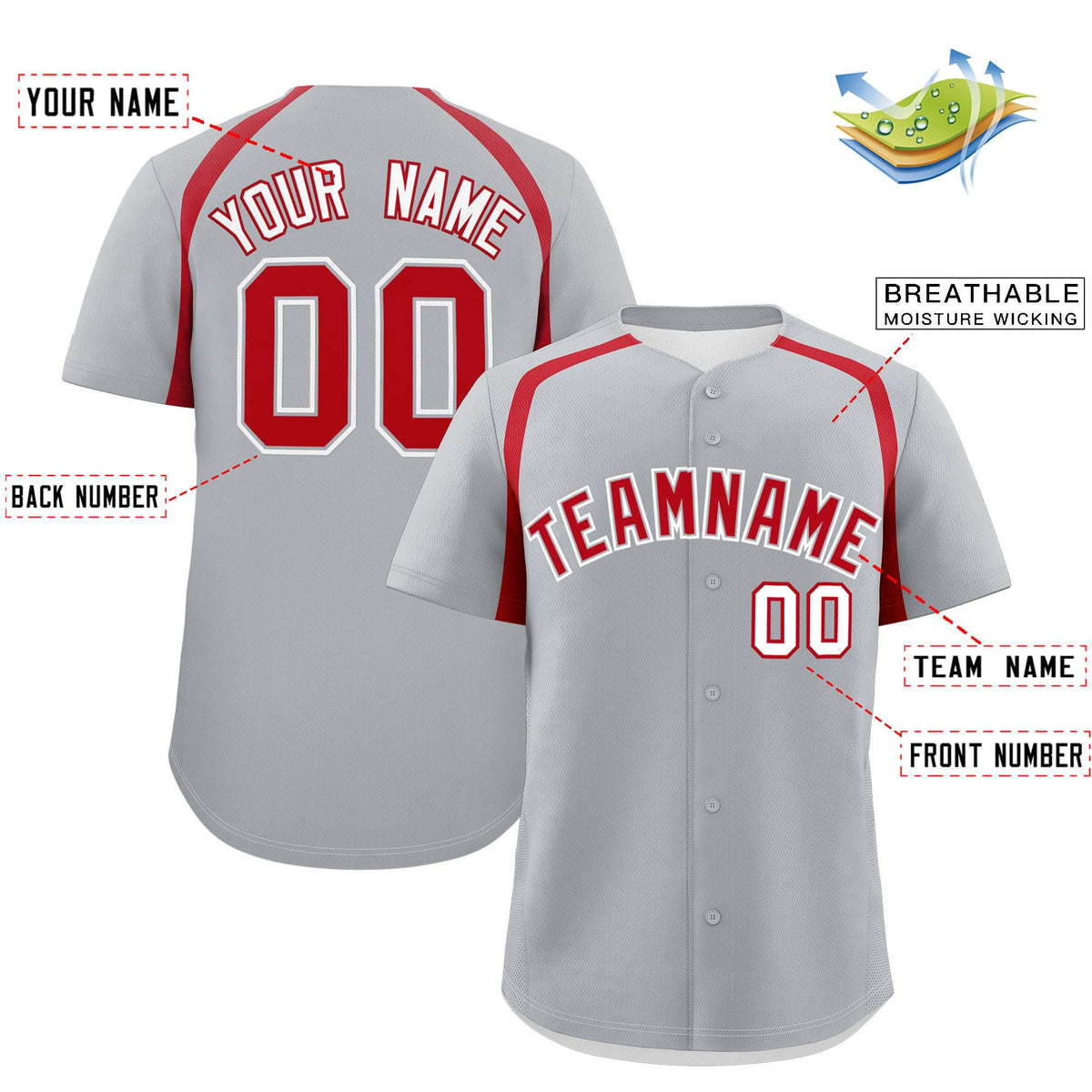 Custom Silver Red Personalized Color Block Authentic Baseball Jersey