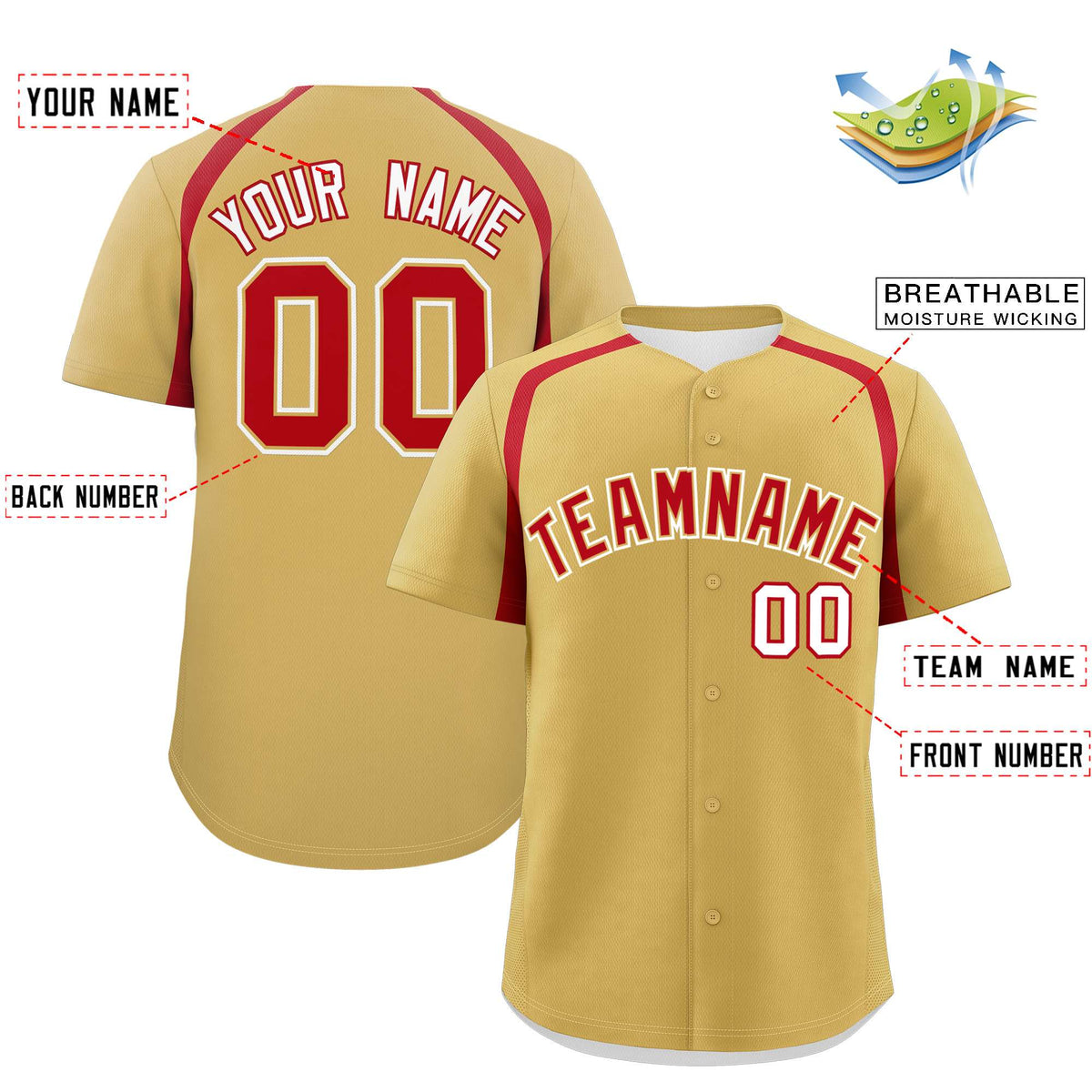 Custom Old Gold Red Personalized Color Block Authentic Baseball Jersey