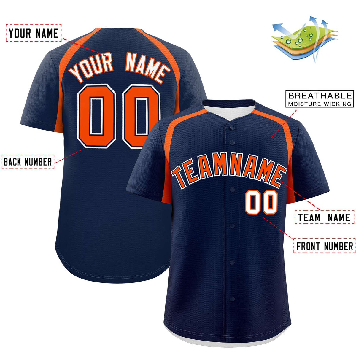 Custom Navy Orange Personalized Color Block Authentic Baseball Jersey