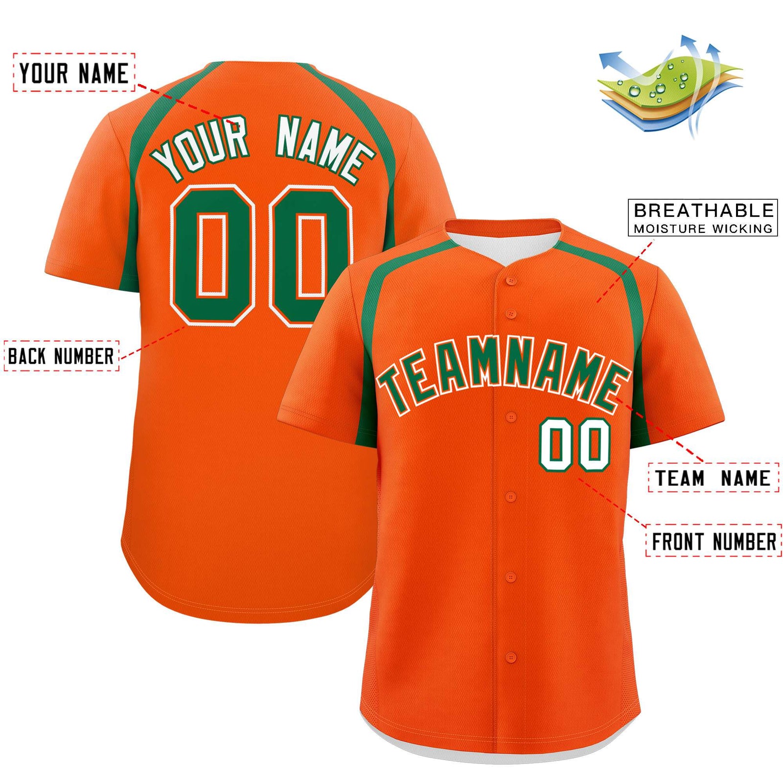 Custom Orange Kelly Green Personalized Color Block Authentic Baseball Jersey