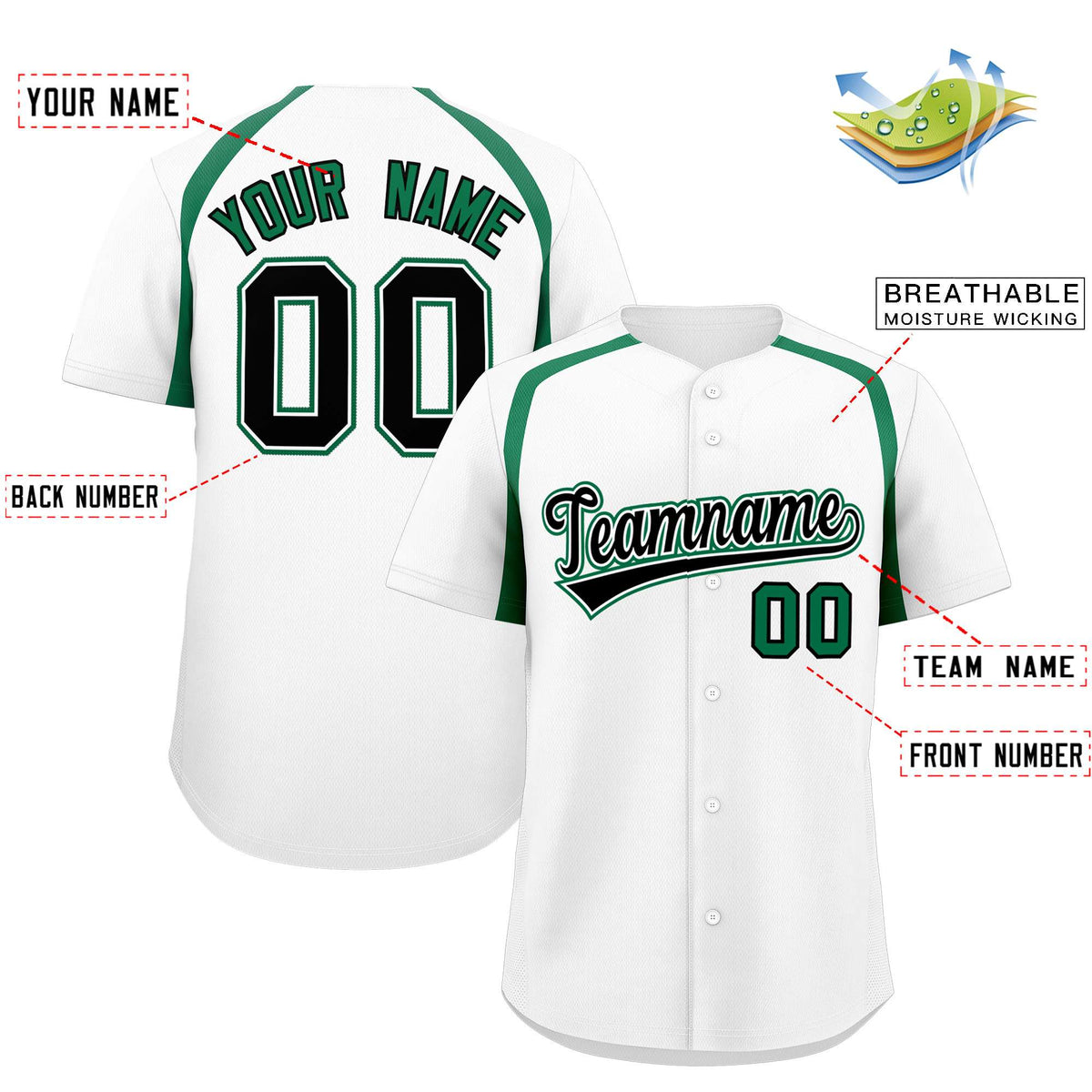 Custom White Kelly Green Personalized Color Block Authentic Baseball Jersey