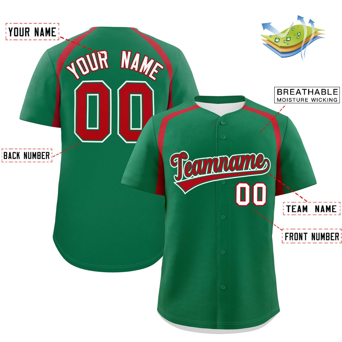 Custom Kelly Green Red Personalized Color Block Authentic Baseball Jersey