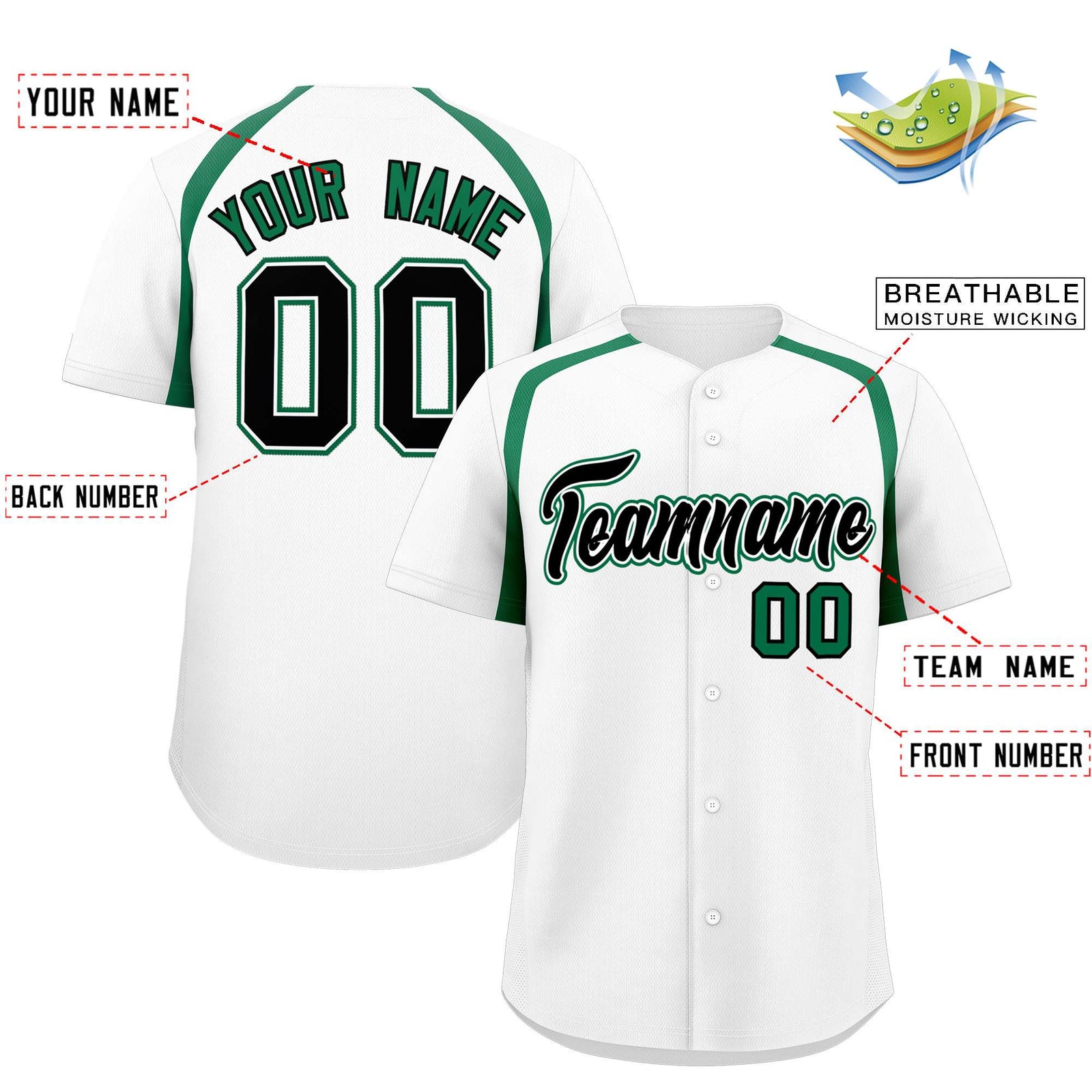Custom White Kelly Green Personalized Color Block Authentic Baseball Jersey