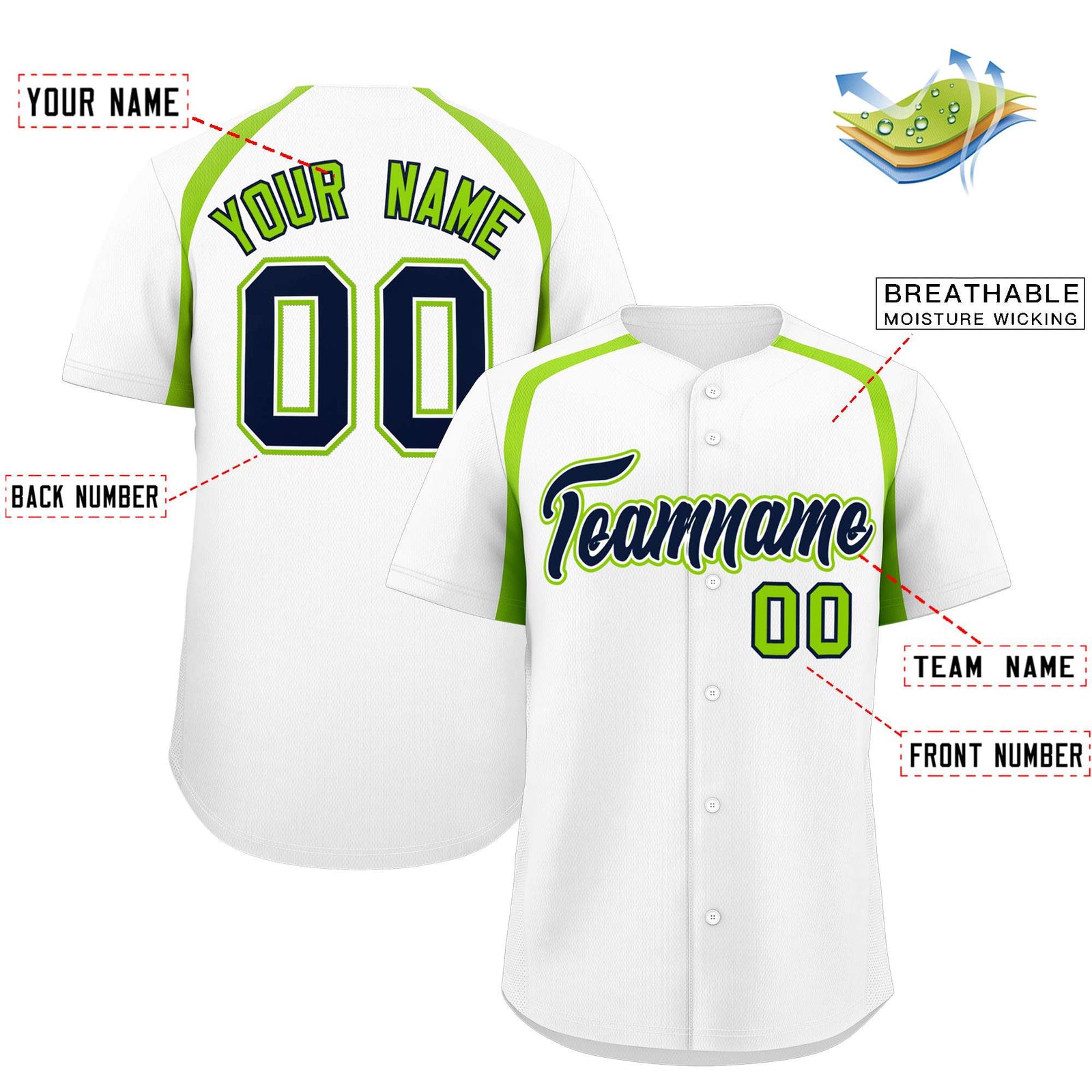 Custom White Neon Green Personalized Color Block Authentic Baseball Jersey