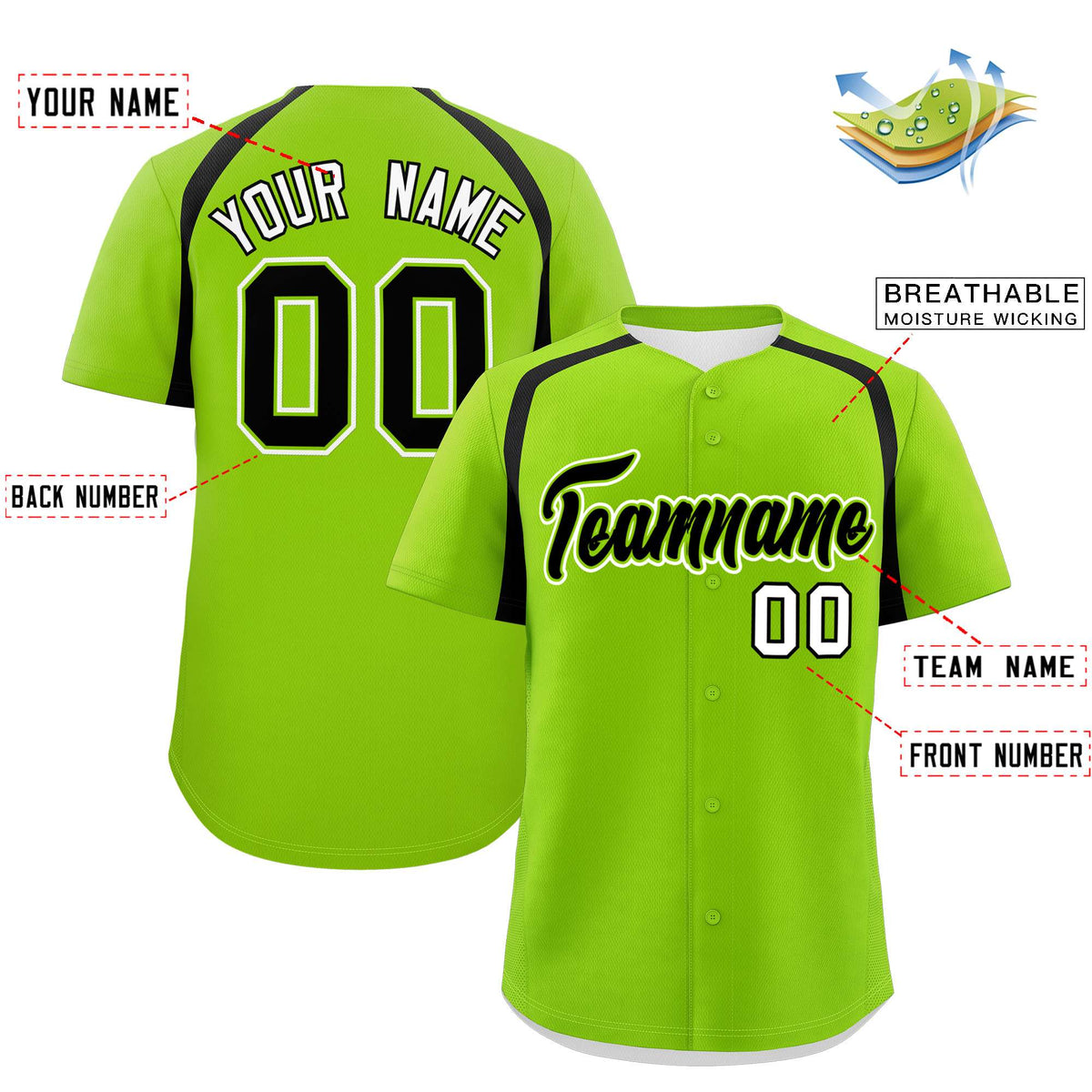 Custom Neon Green Black Personalized Color Block Authentic Baseball Jersey