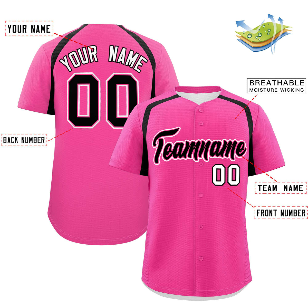 Custom Pink Black Personalized Color Block Authentic Baseball Jersey