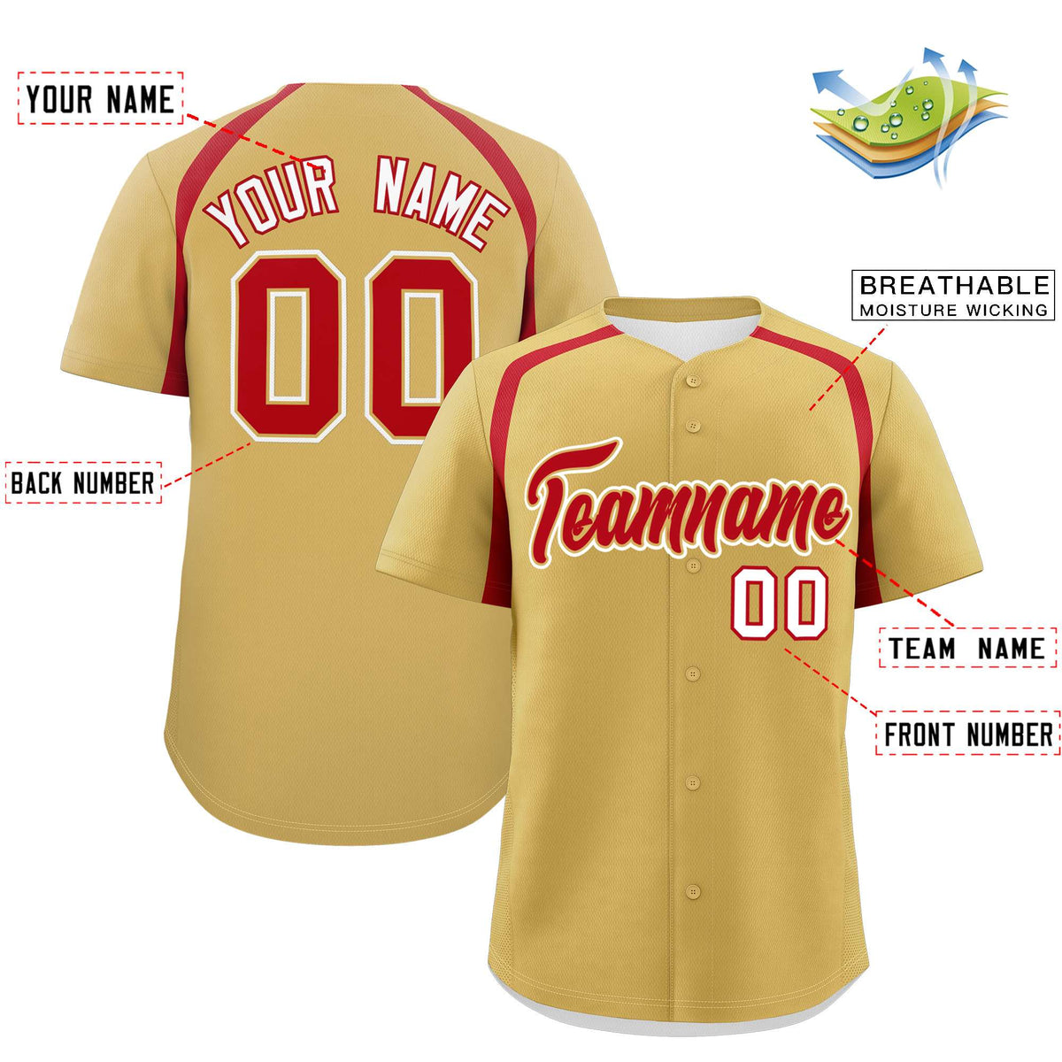 Custom Old Gold Red Personalized Color Block Authentic Baseball Jersey