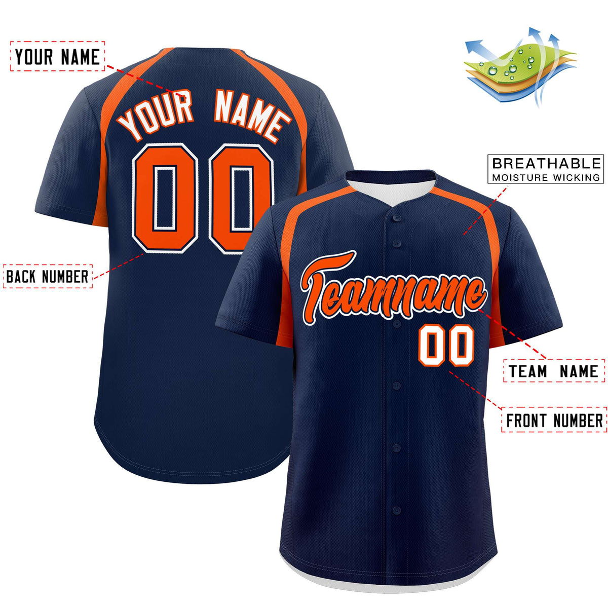 Custom Navy Orange Personalized Color Block Authentic Baseball Jersey