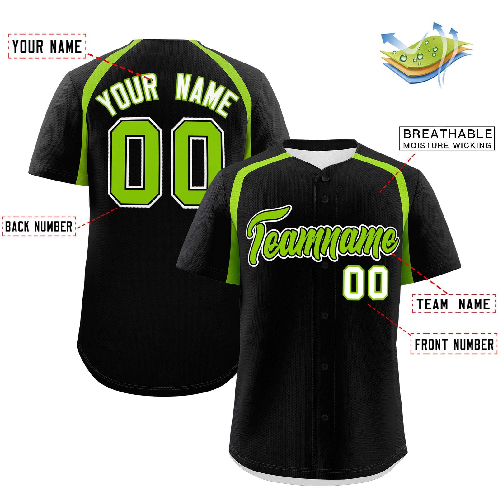Custom Black Neon Green Personalized Color Block Authentic Baseball Jersey