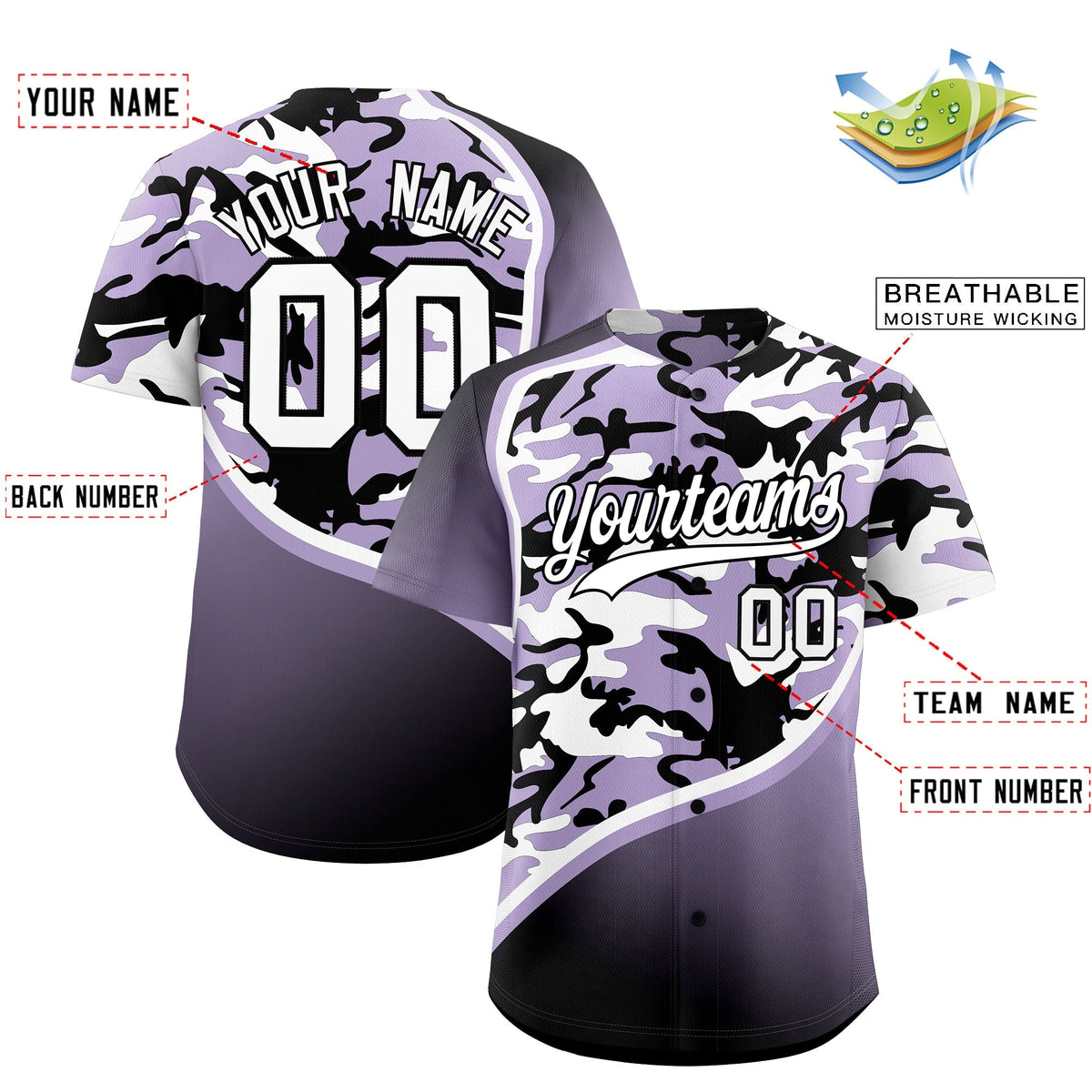 Custom Light Purple Black White Camo Gradient Fashion Baseball Jersey | Perfect for Training,Sublimation Printed &amp; Stitched,Add Name and Numbern,Perfect for Teams | KXKSHOP
