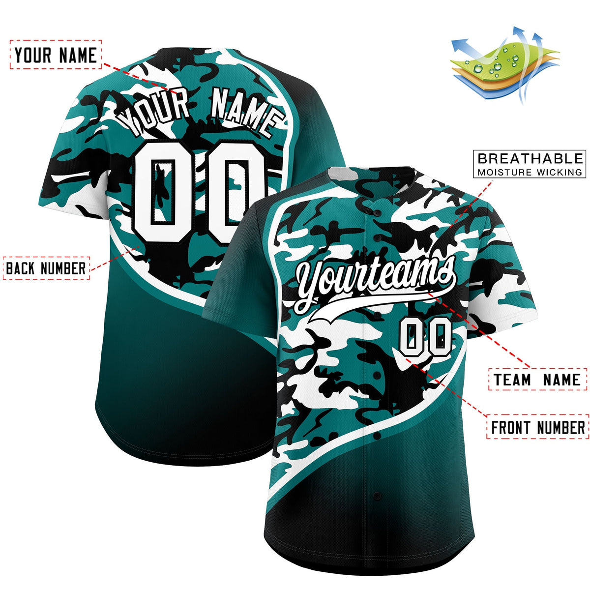 Custom Teal Black White Camo Gradient Fashion Baseball Jersey | Perfect for Training,Sublimation Printed &amp; Stitched,Add Name and Numbern,Perfect for Teams | KXKSHOP