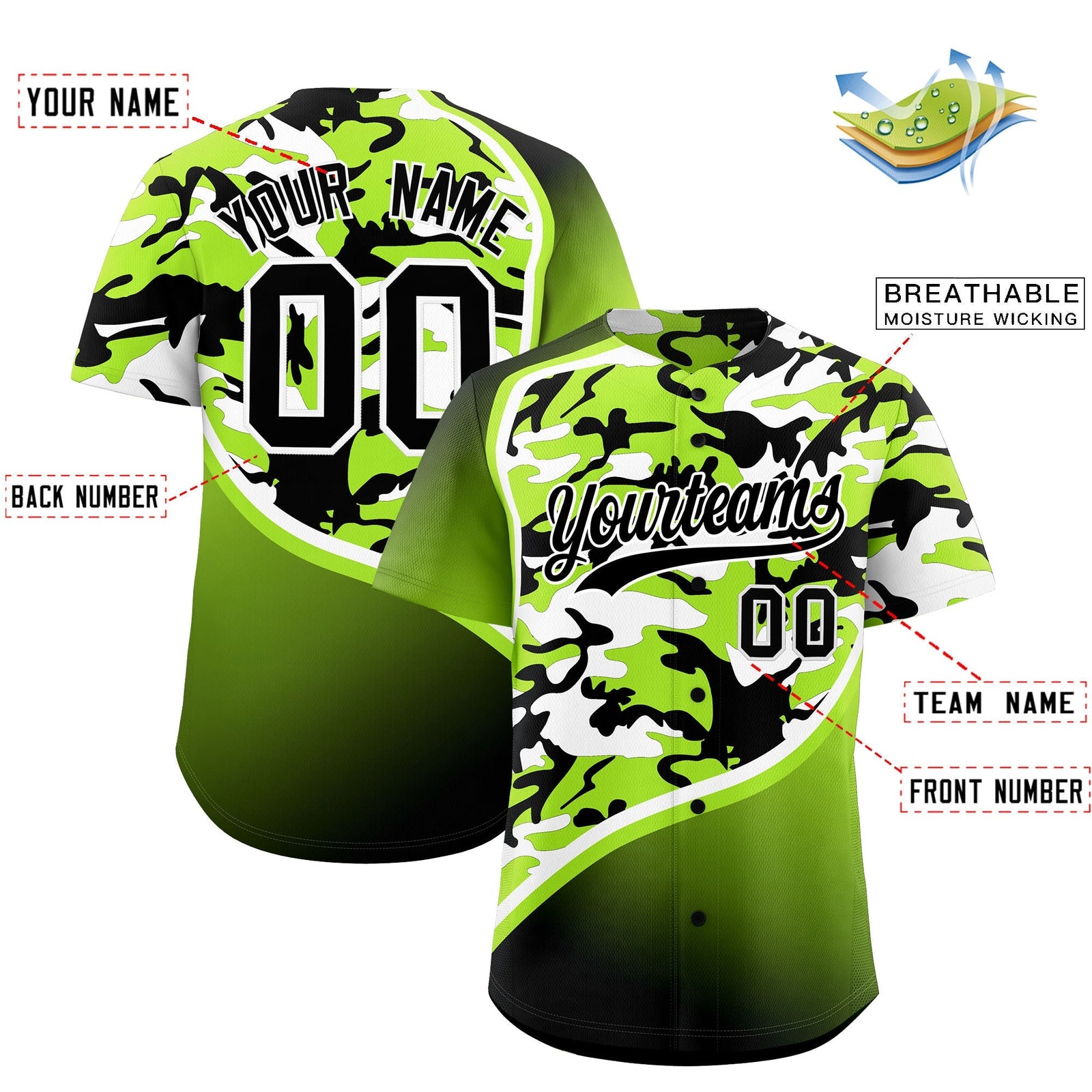 Custom Neon Green Black White Camo Gradient Fashion Baseball Jersey | Perfect for Training,Sublimation Printed & Stitched,Add Name and Numbern,Perfect for Teams | KXKSHOP