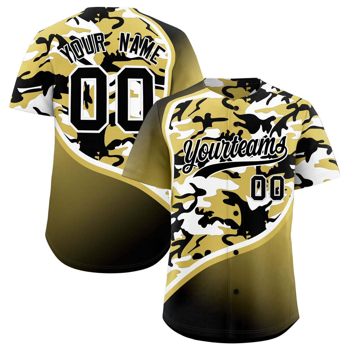 Custom Old Gold Black White Camo Gradient Fashion Baseball Jersey | Perfect for Training,Sublimation Printed &amp; Stitched,Add Name and Numbern,Perfect for Teams | KXKSHOP
