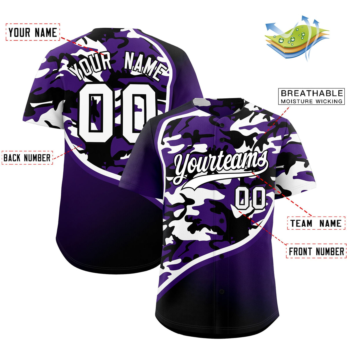 Custom Purple White Black Camo Gradient Fashion Baseball Jersey | Perfect for Training,Sublimation Printed &amp; Stitched,Add Name and Numbern,Perfect for Teams | KXKSHOP