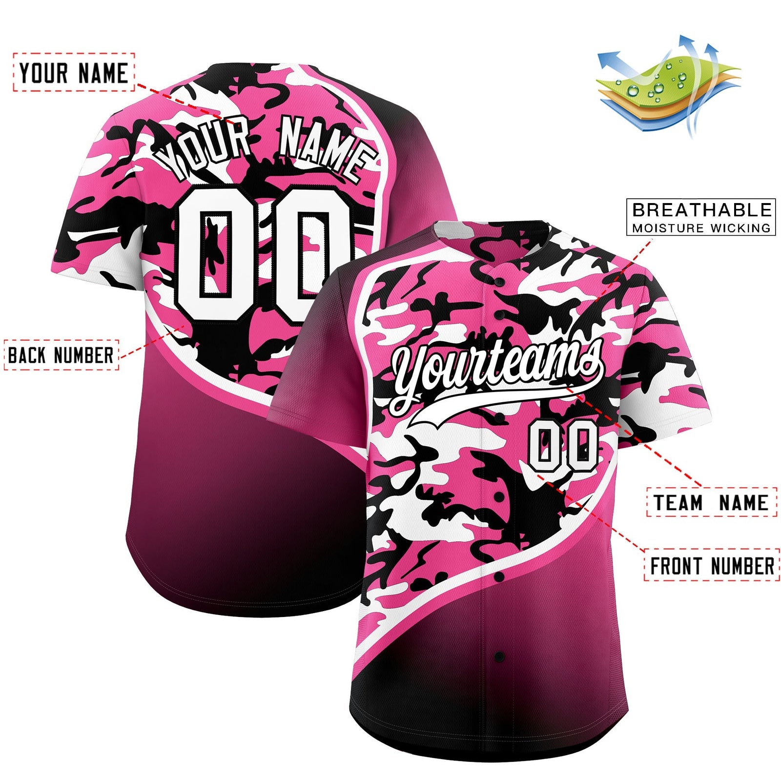 Custom Pink Black White Camo Gradient Fashion Baseball Jersey | Perfect for Training,Sublimation Printed & Stitched,Add Name and Numbern,Perfect for Teams | KXKSHOP