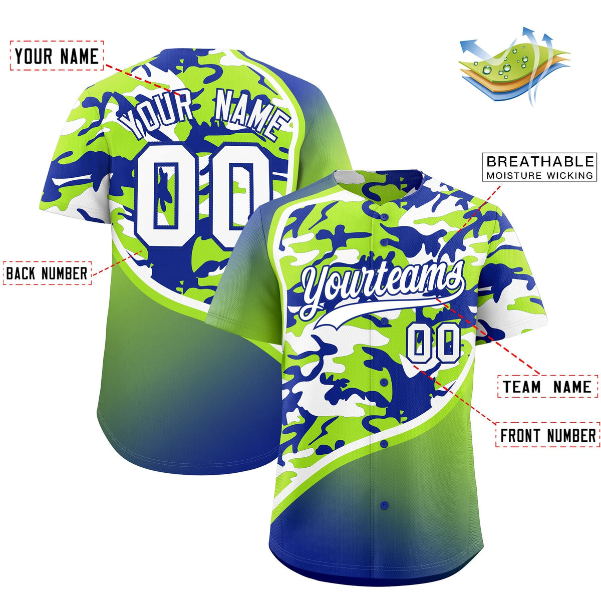 Custom Neon Green Royal Blue White Camo Gradient Fashion Baseball Jersey | Perfect for Training,Sublimation Printed & Stitched,Add Name and Numbern,Perfect for Teams | KXKSHOP