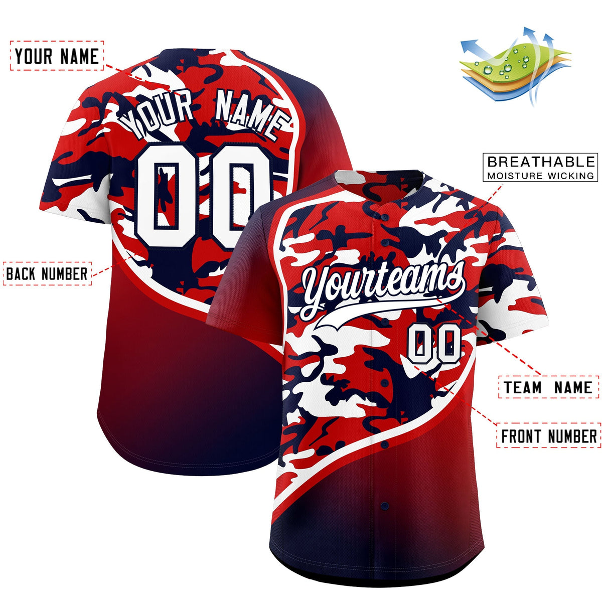Custom Red White Navy Camo Gradient Fashion Baseball Jersey | Perfect for Training,Sublimation Printed &amp; Stitched,Add Name and Numbern,Perfect for Teams | KXKSHOP