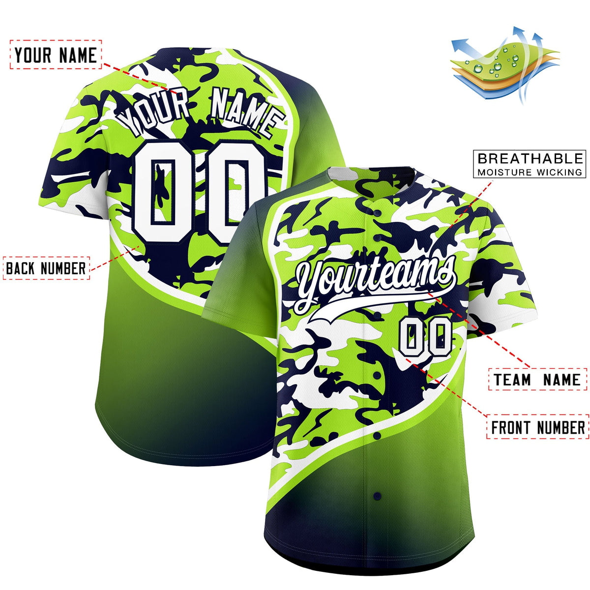 Custom Neon Green Navy White Camo Gradient Fashion Baseball Jersey | Perfect for Training,Sublimation Printed &amp; Stitched,Add Name and Numbern,Perfect for Teams | KXKSHOP