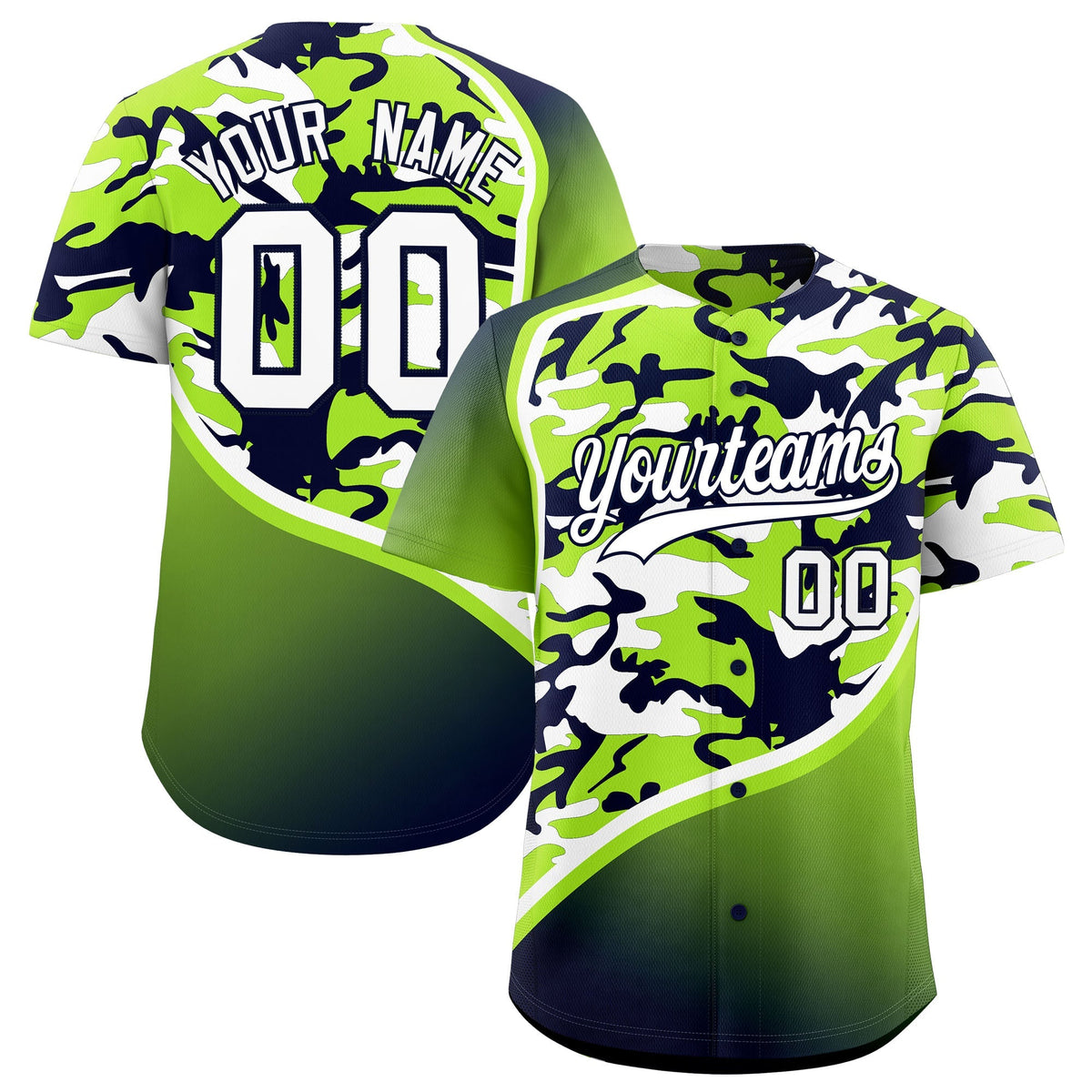 Custom Neon Green Navy White Camo Gradient Fashion Baseball Jersey | Perfect for Training,Sublimation Printed &amp; Stitched,Add Name and Numbern,Perfect for Teams | KXKSHOP