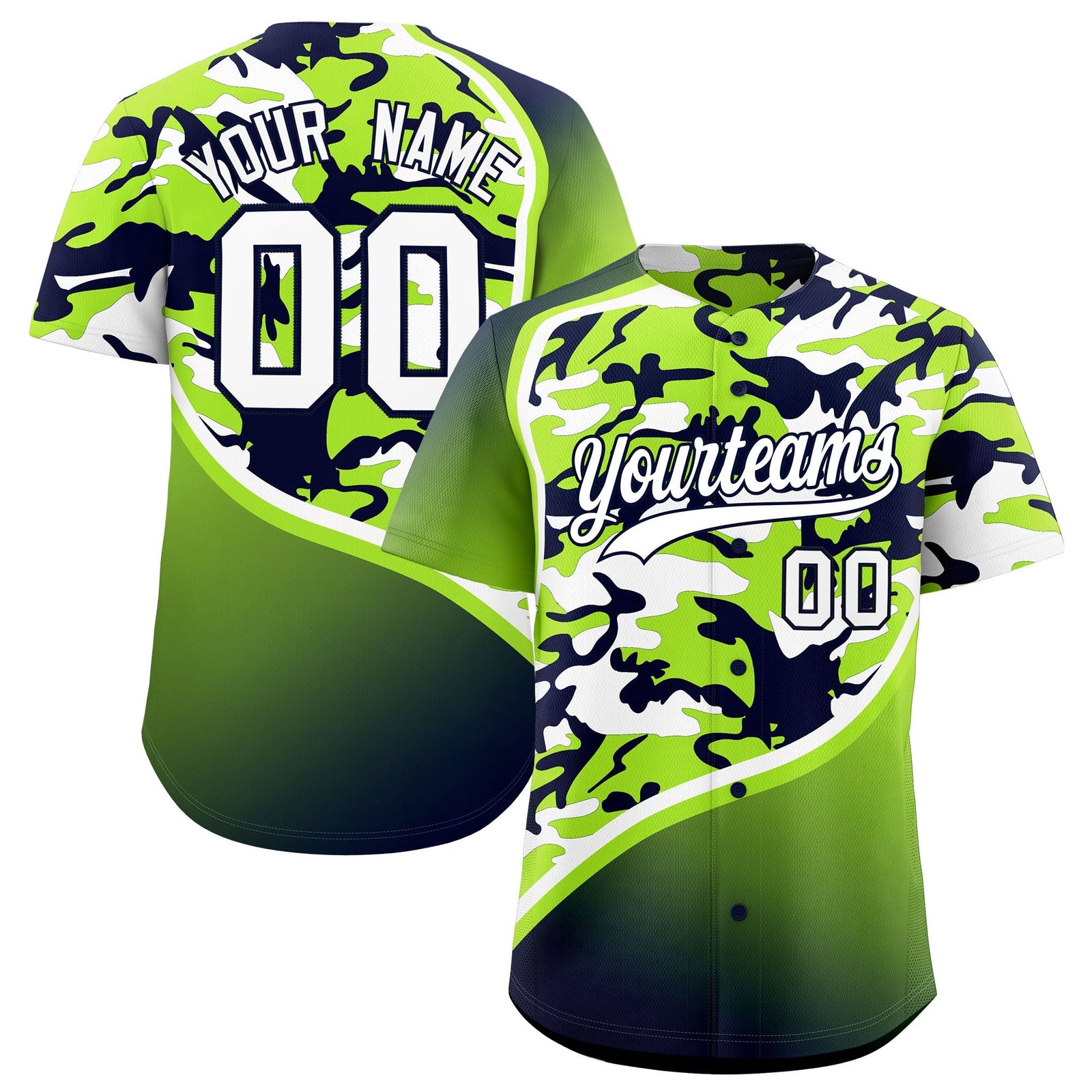 Custom Neon Green Navy White Camo Gradient Fashion Baseball Jersey | Perfect for Training,Sublimation Printed & Stitched,Add Name and Numbern,Perfect for Teams | KXKSHOP