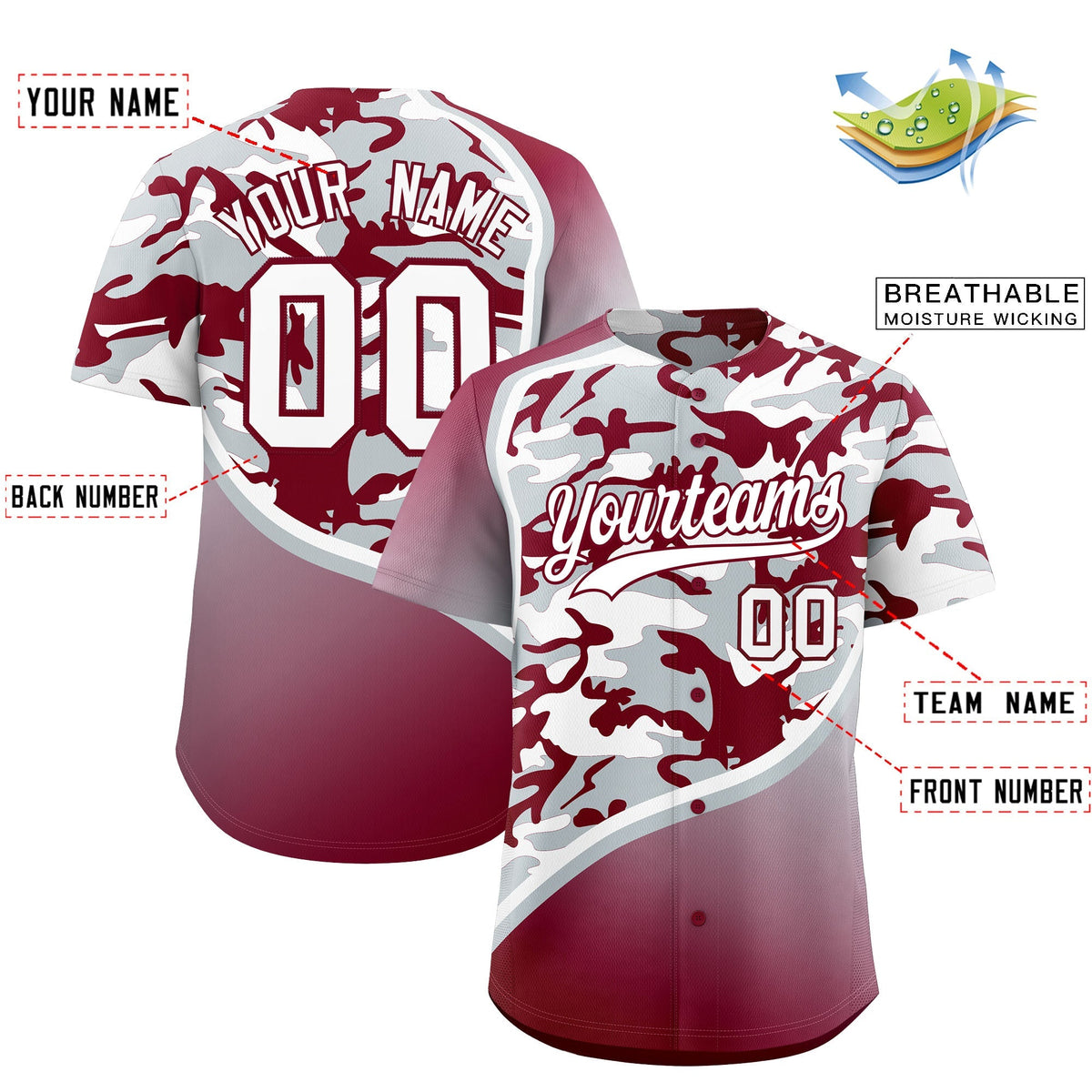 Custom Silver Crimson White Camo Gradient Fashion Baseball Jersey | Perfect for Training,Sublimation Printed & Stitched,Add Name and Numbern,Perfect for Teams | KXKSHOP