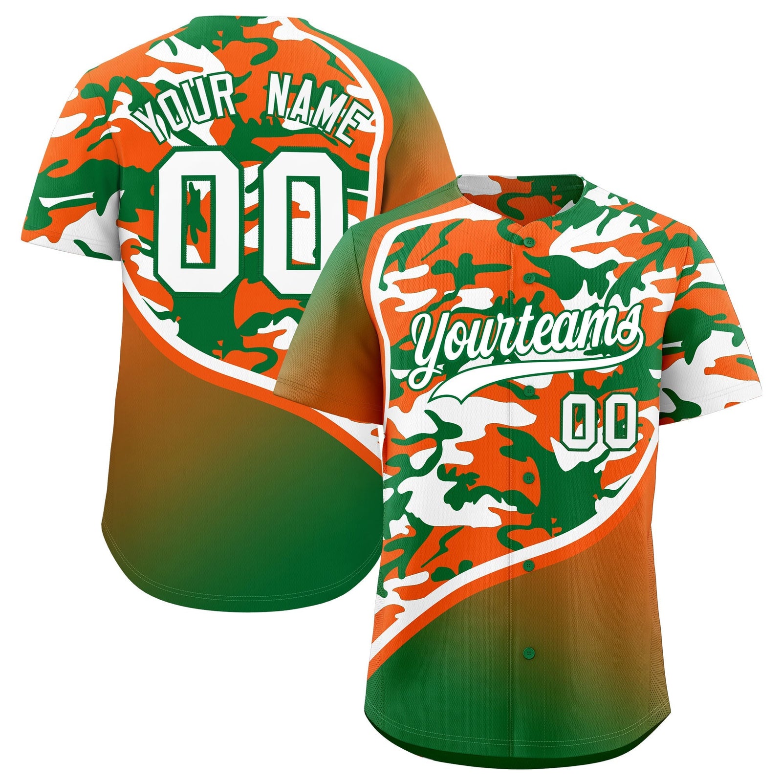 Custom Orange Kelly Green White Camo Gradient Fashion Baseball Jersey | Perfect for Training,Sublimation Printed & Stitched,Add Name and Numbern,Perfect for Teams | KXKSHOP