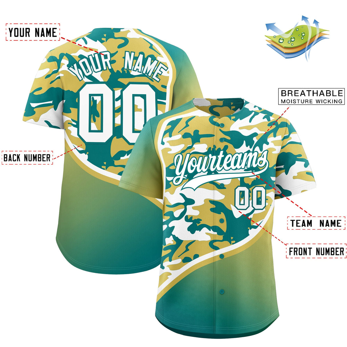 Custom Old Gold Teal White Camo Gradient Fashion Baseball Jersey | Perfect for Training,Sublimation Printed &amp; Stitched,Add Name and Numbern,Perfect for Teams | KXKSHOP