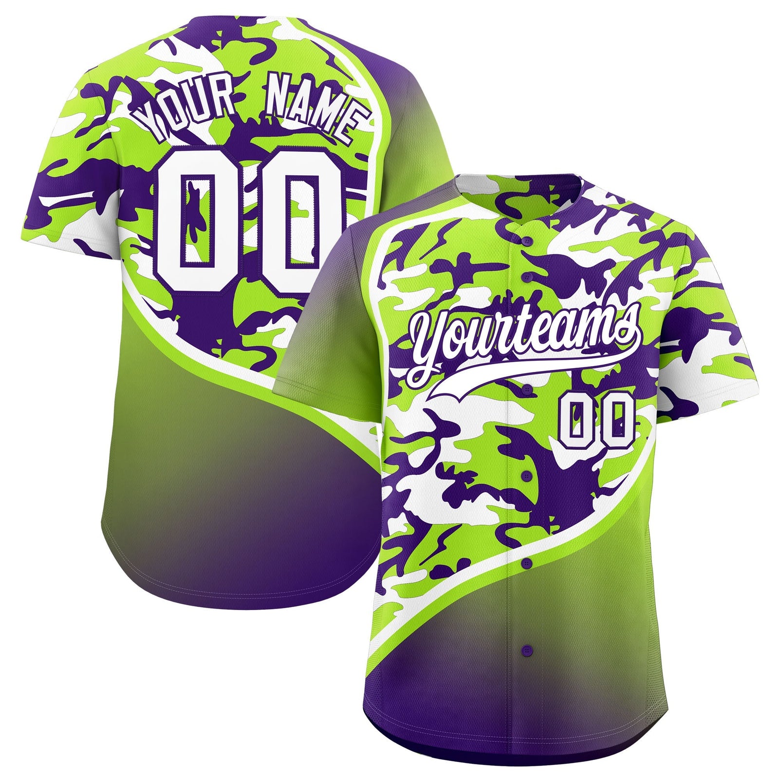 Custom Neon Green Purple White Camo Gradient Fashion Baseball Jersey | Perfect for Training,Sublimation Printed & Stitched,Add Name and Numbern,Perfect for Teams | KXKSHOP