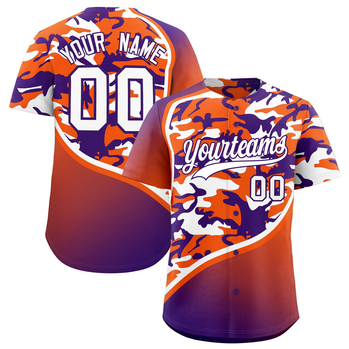Custom Orange Purple White Camo Gradient Fashion Baseball Jersey | Perfect for Training,Sublimation Printed &amp; Stitched,Add Name and Numbern,Perfect for Teams | KXKSHOP