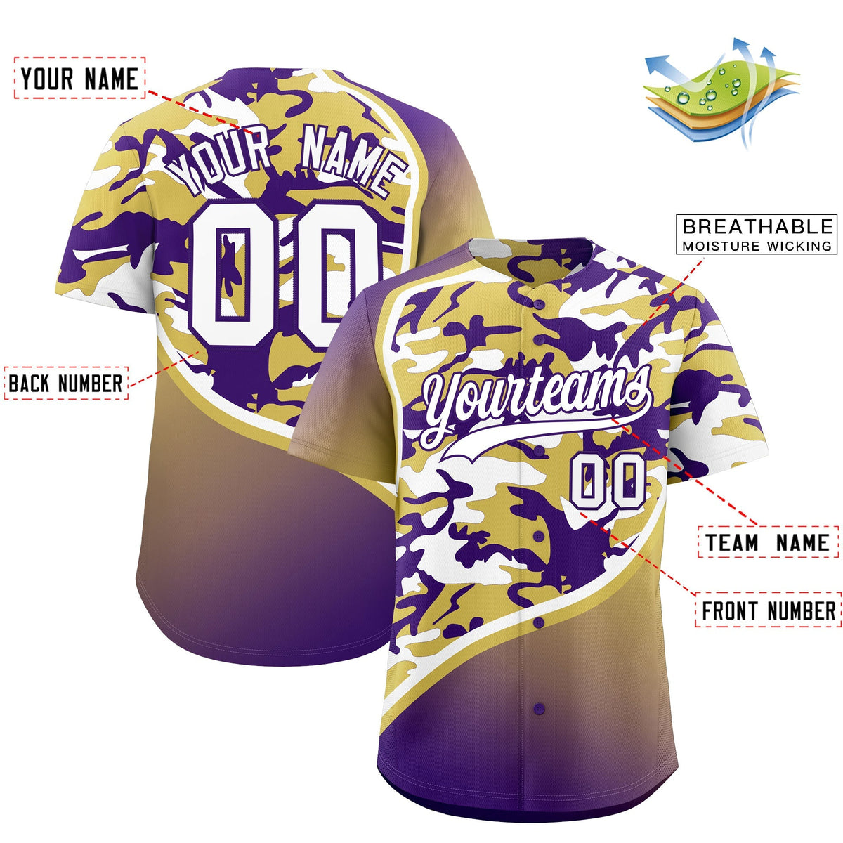 Custom Old Gold Purple White Camo Gradient Fashion Baseball Jersey | Perfect for Training,Sublimation Printed &amp; Stitched,Add Name and Numbern,Perfect for Teams | KXKSHOP