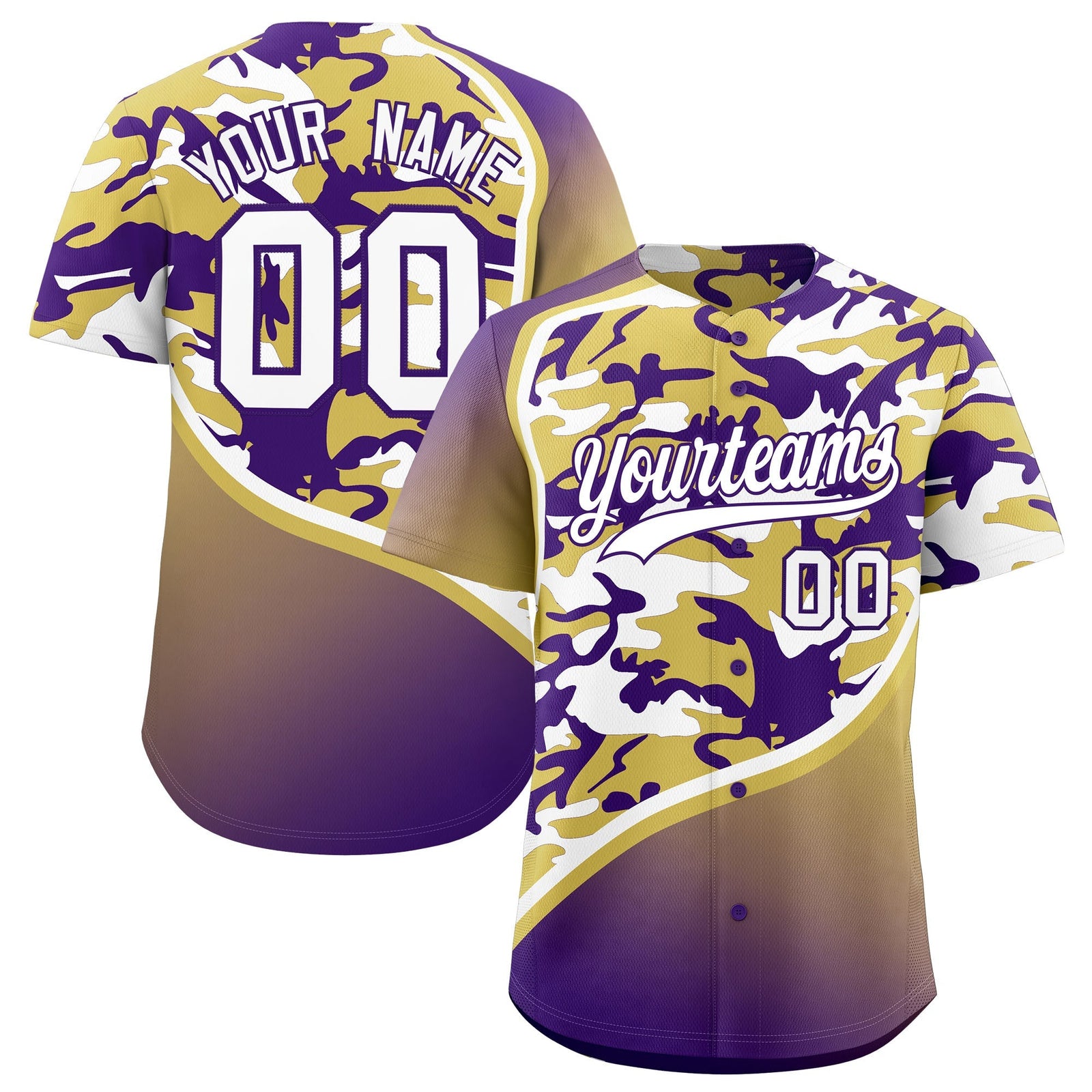 Custom Old Gold Purple White Camo Gradient Fashion Baseball Jersey | Perfect for Training,Sublimation Printed & Stitched,Add Name and Numbern,Perfect for Teams | KXKSHOP