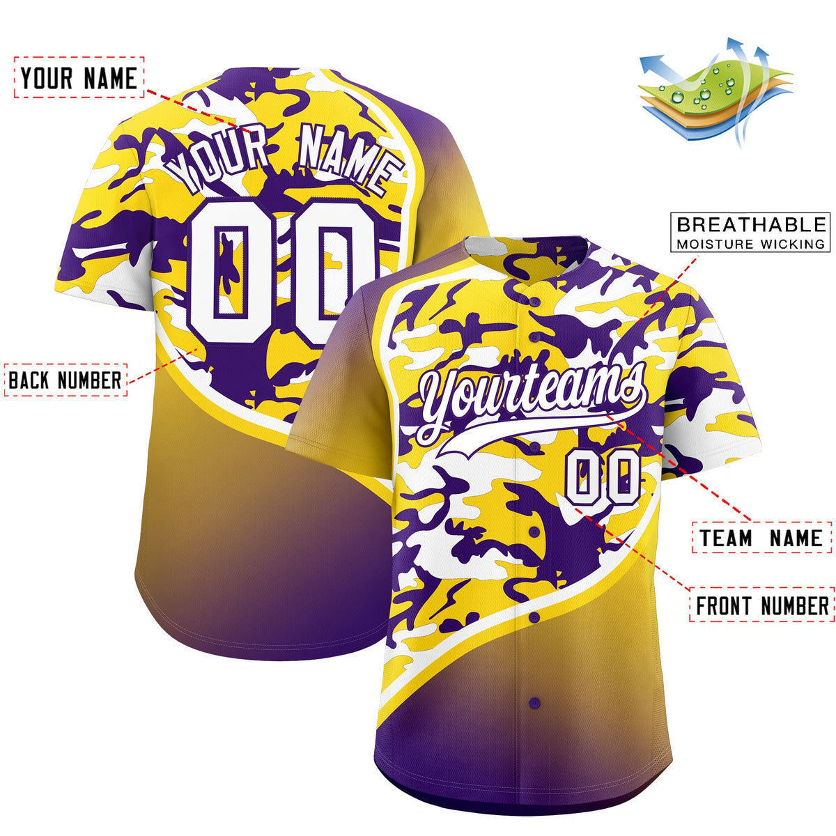 Custom Gold Purple White Camo Gradient Fashion Baseball Jersey | Perfect for Training,Sublimation Printed &amp; Stitched,Add Name and Numbern,Perfect for Teams | KXKSHOP