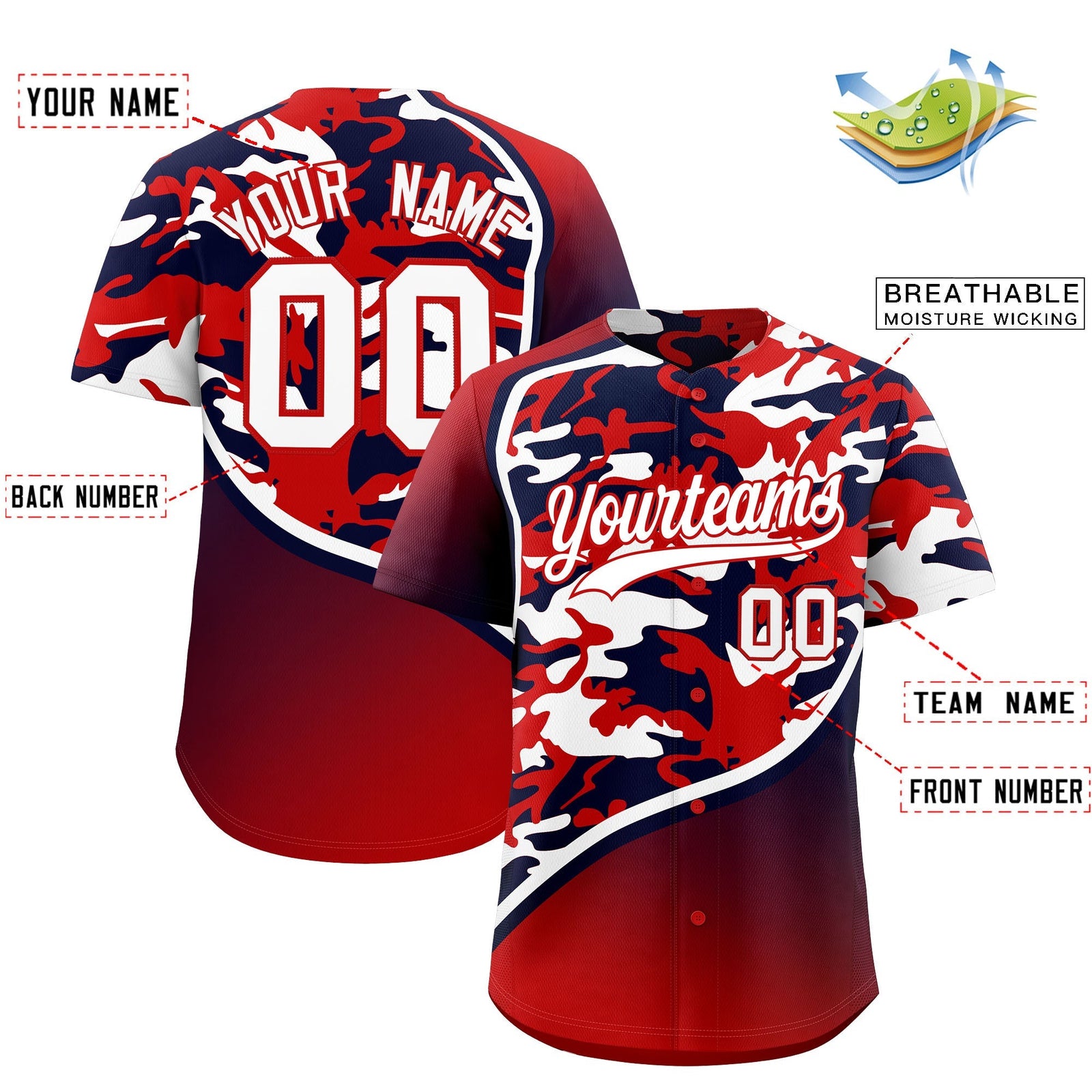 Custom Red Navy White Camo Gradient Fashion Baseball Jersey | Perfect for Training,Sublimation Printed & Stitched,Add Name and Numbern,Perfect for Teams | KXKSHOP