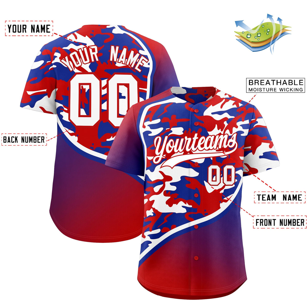 Custom Red Royal Blue White Camo Gradient Fashion Baseball Jersey | Perfect for Training,Sublimation Printed &amp; Stitched,Add Name and Numbern,Perfect for Teams | KXKSHOP