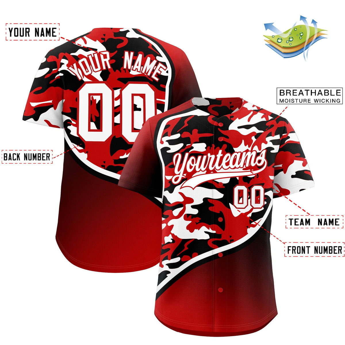 Custom Red Black White Camo Gradient Fashion Baseball Jersey | Perfect for Training,Sublimation Printed &amp; Stitched,Add Name and Numbern,Perfect for Teams | KXKSHOP