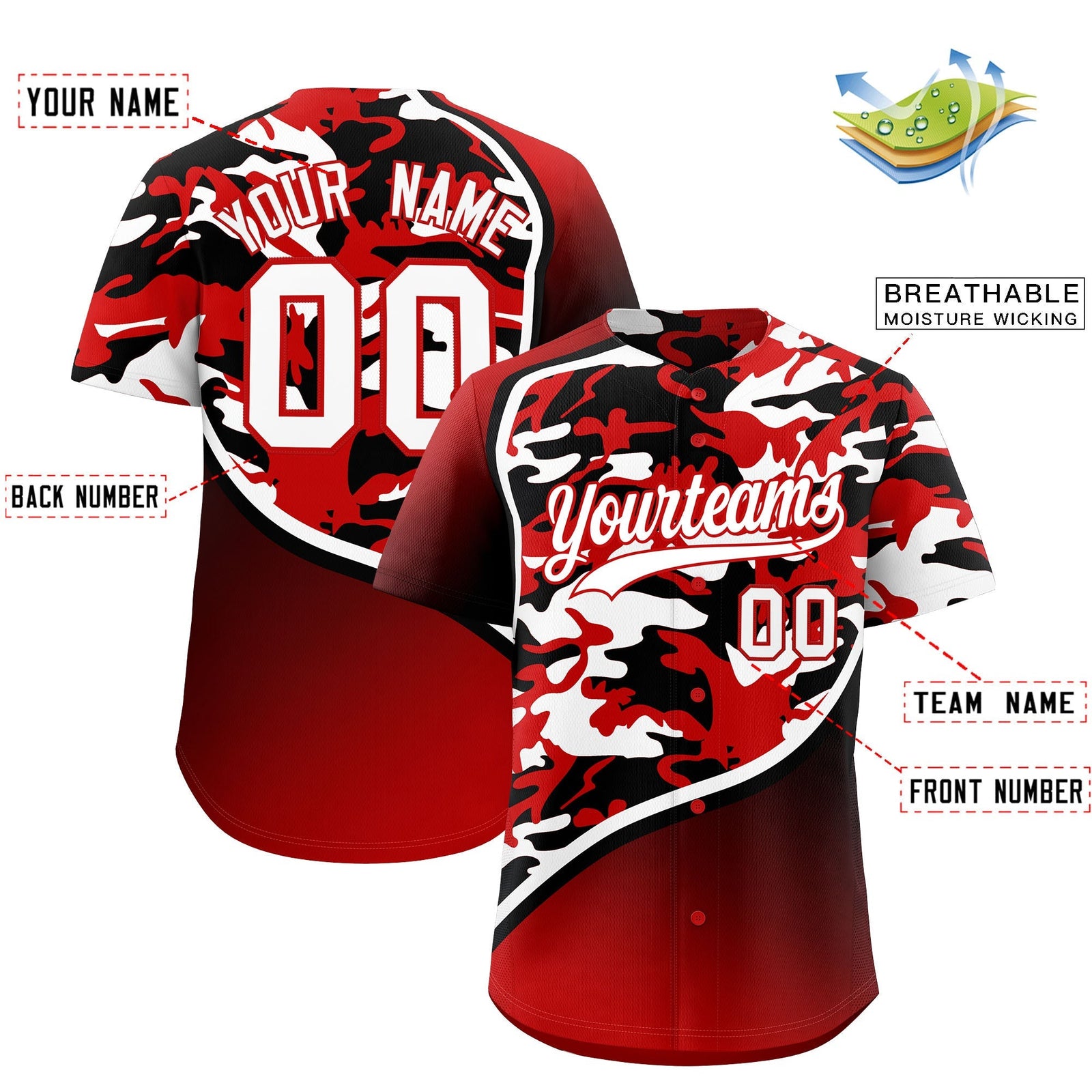 Custom Red Black White Camo Gradient Fashion Baseball Jersey | Perfect for Training,Sublimation Printed & Stitched,Add Name and Numbern,Perfect for Teams | KXKSHOP