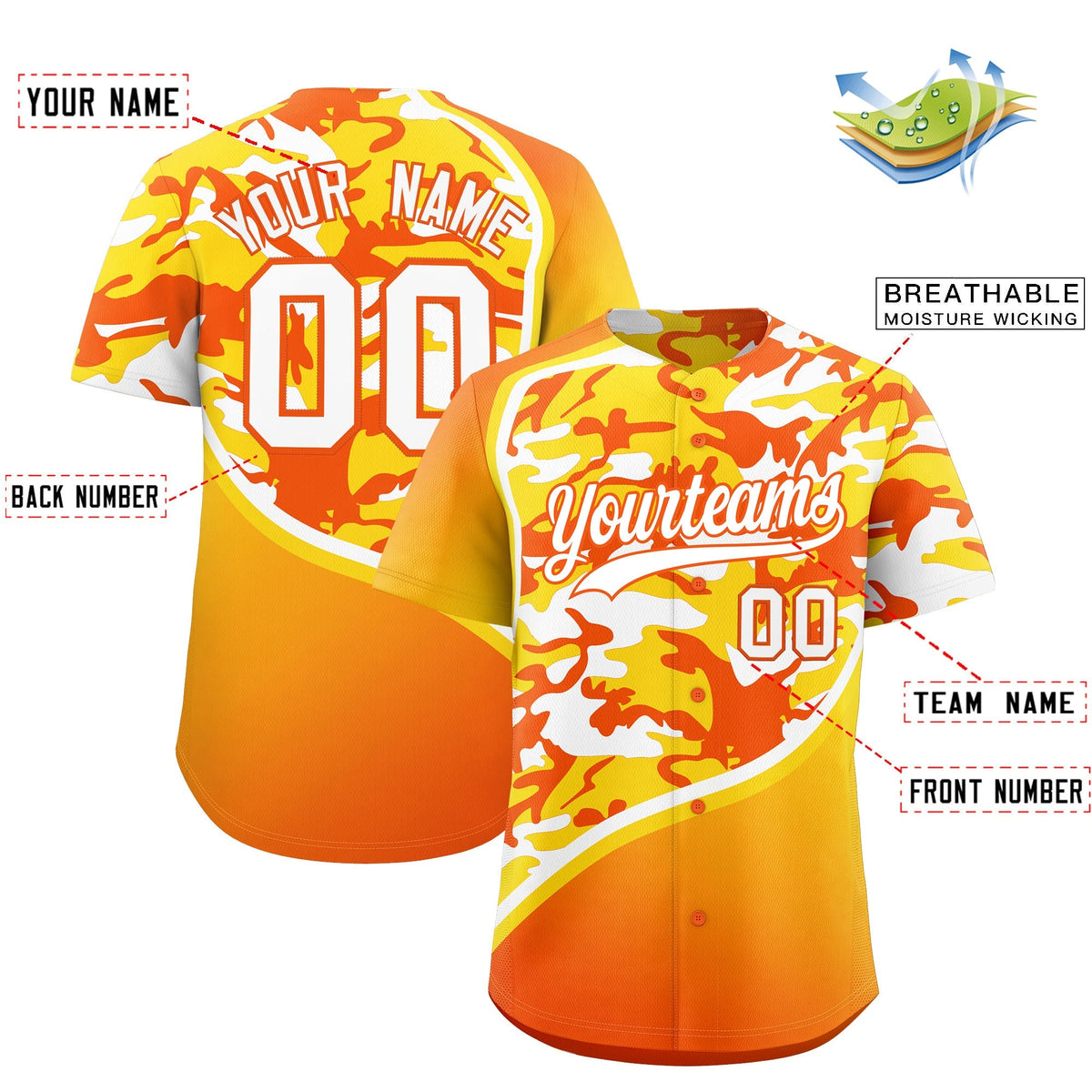 Custom Gold Orange White Camo Gradient Fashion Baseball Jersey | Perfect for Training,Sublimation Printed &amp; Stitched,Add Name and Numbern,Perfect for Teams | KXKSHOP