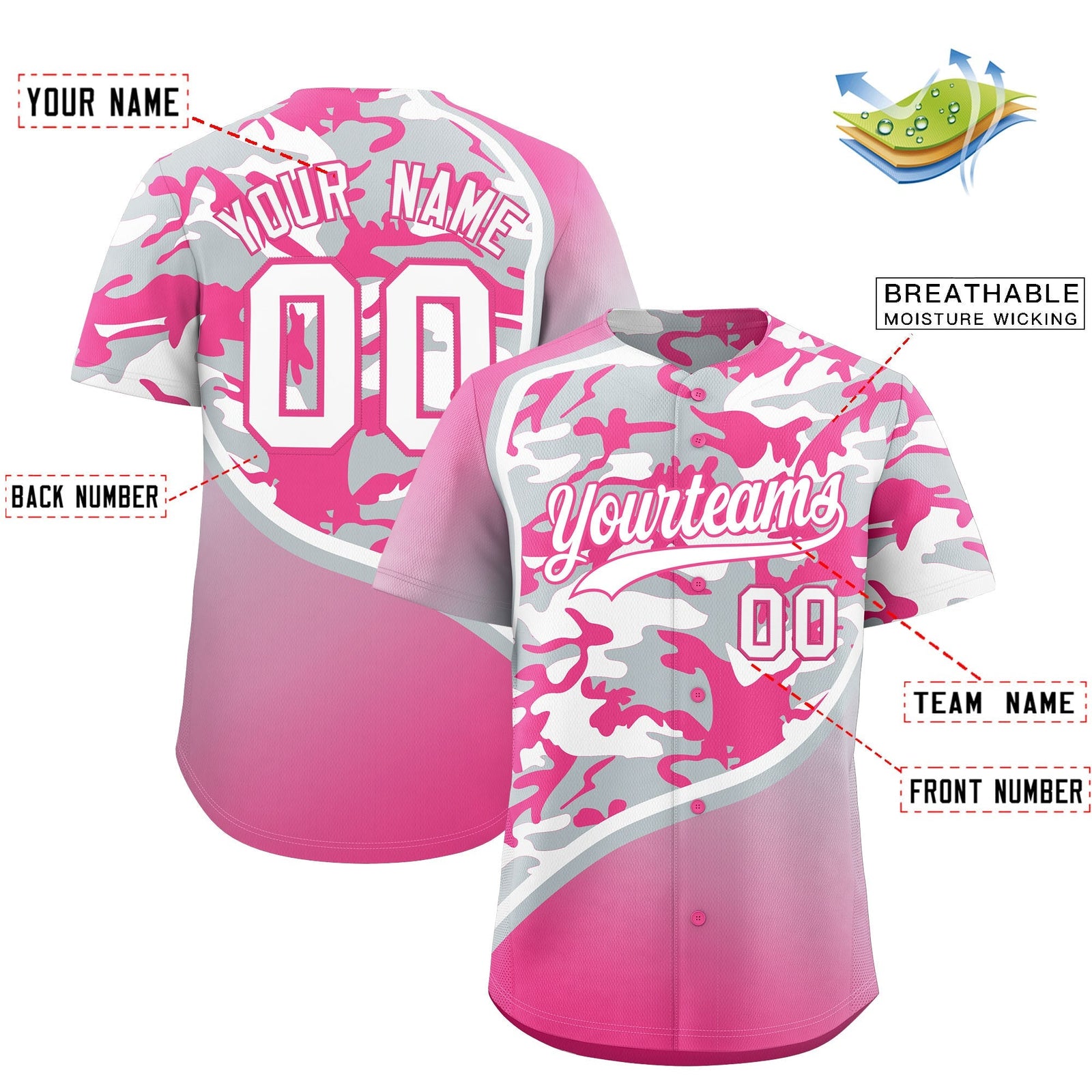 Custom Silver White Pink Camo Gradient Fashion Baseball Jersey | Perfect for Training,Sublimation Printed & Stitched,Add Name and Numbern,Perfect for Teams | KXKSHOP