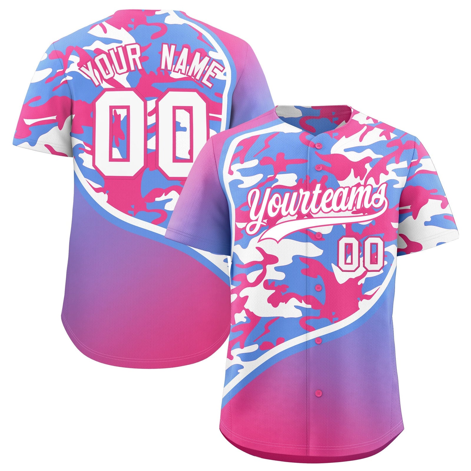 Custom Light Blue Pink White Camo Gradient Fashion Baseball Jersey | Perfect for Training,Sublimation Printed & Stitched,Add Name and Numbern,Perfect for Teams | KXKSHOP