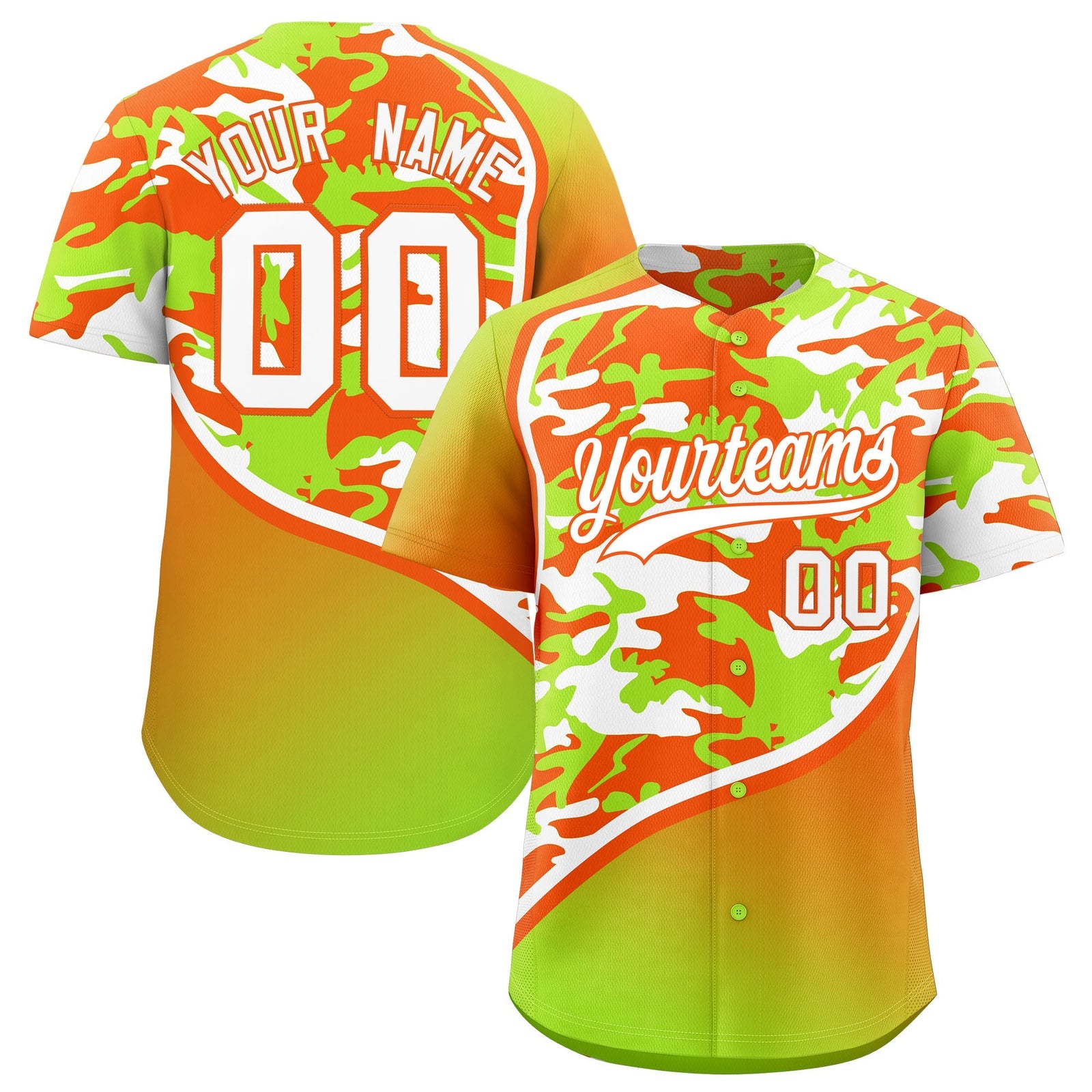 Custom Neon Green Orange White Camo Gradient Fashion Baseball Jersey | Perfect for Training,Sublimation Printed & Stitched,Add Name and Numbern,Perfect for Teams | KXKSHOP
